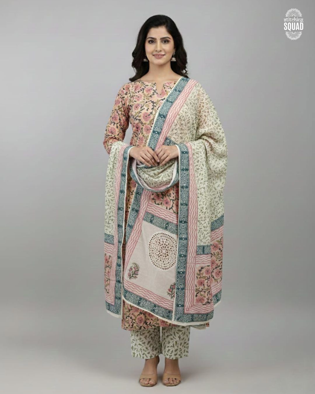 Unstitched Cotton Suit with All-Over Prints & Crochet Lace Dupatta