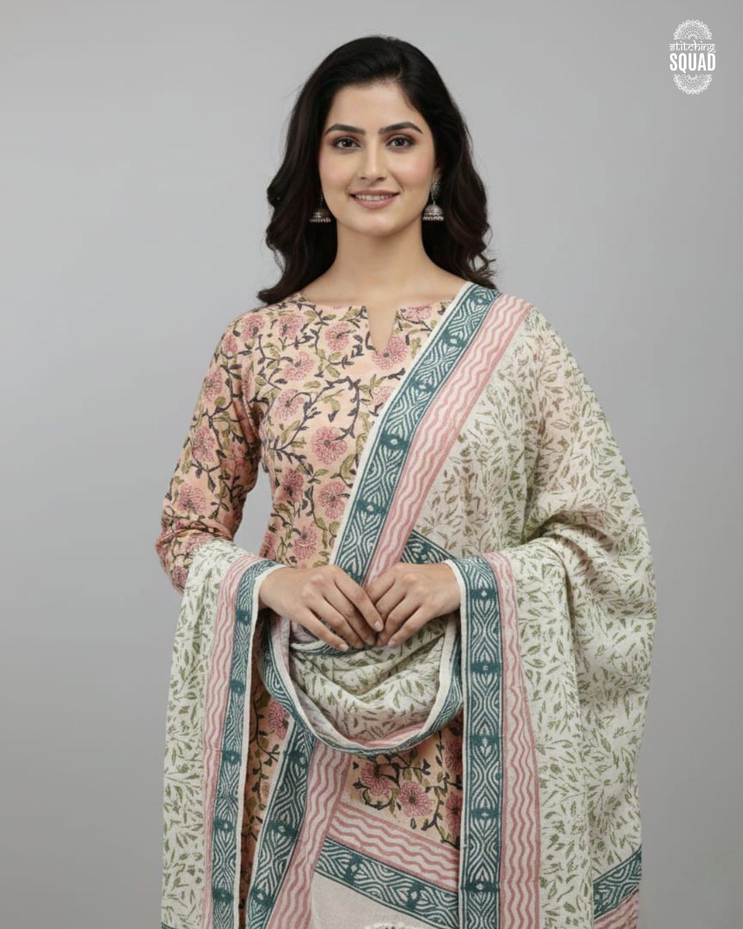 Unstitched Cotton Suit with All-Over Prints & Crochet Lace Dupatta