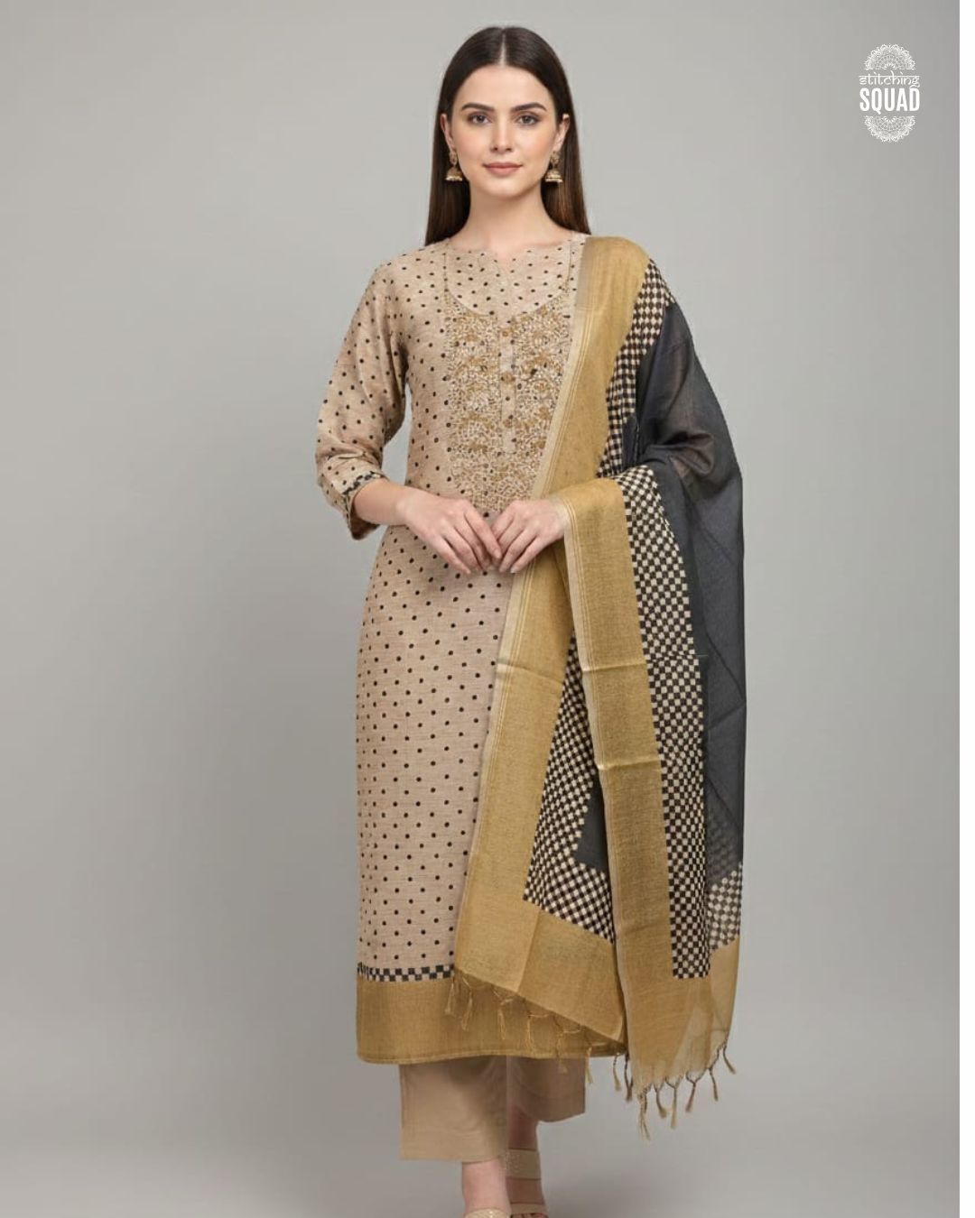 Chanderi Silk Unstitched Suit with Reshmi Dhakai Embroidered Neckline & Checkered Dupatta
