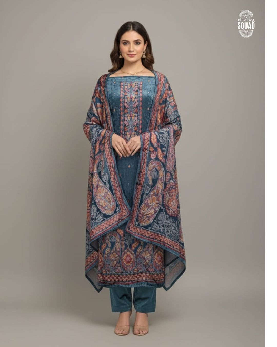 Velvet brasso unstitch suit with intricate print & a vibrant paisley shawl – luxe & elegant