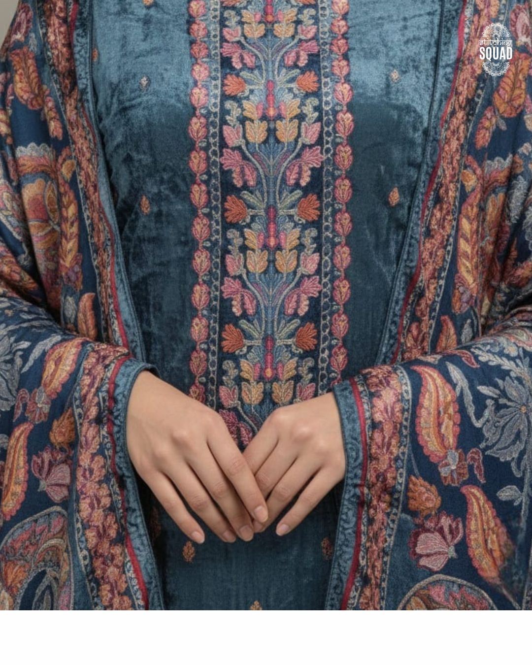 Velvet brasso unstitch suit with intricate print & a vibrant paisley shawl – luxe & elegant