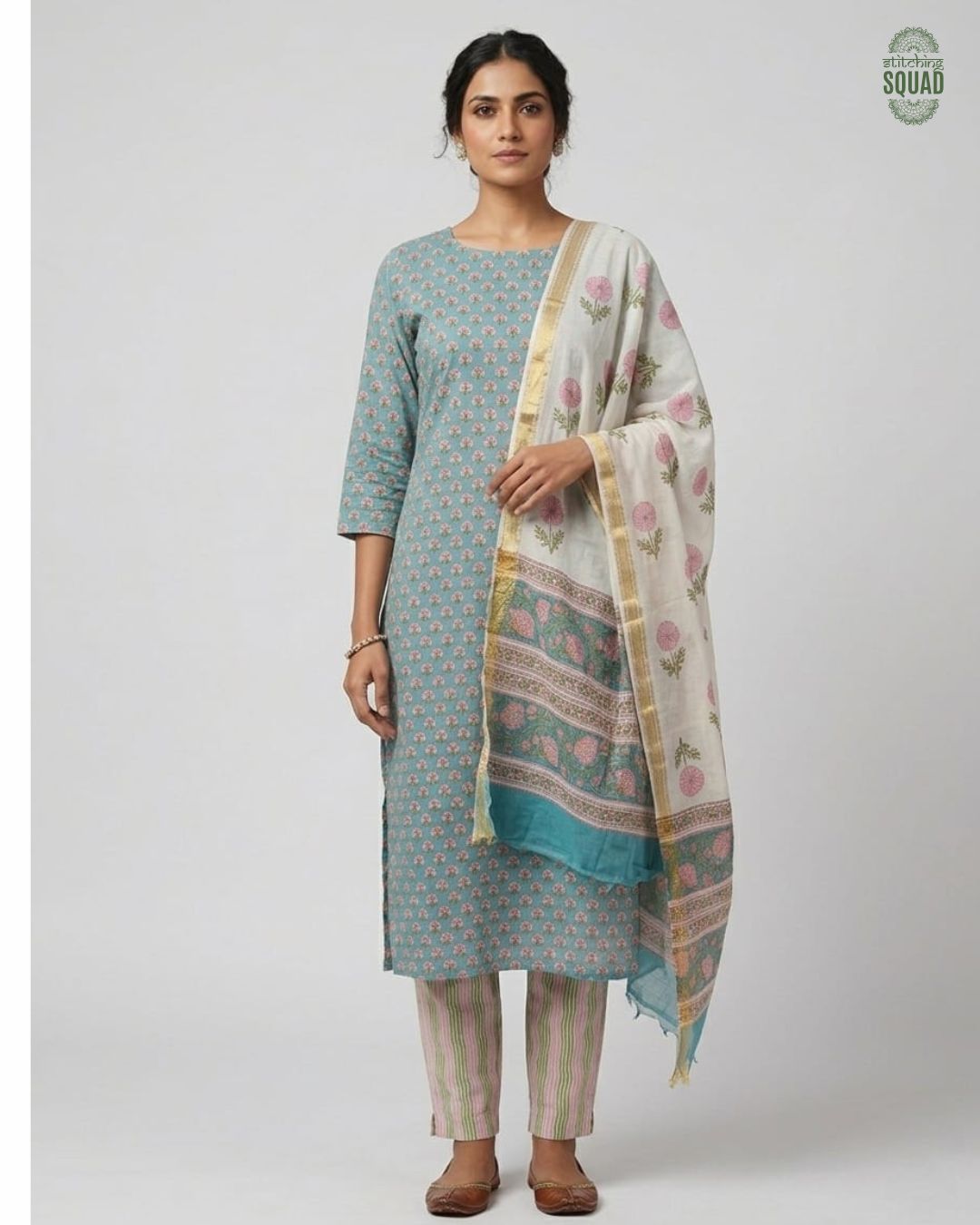 Elegant Chanderi Block Print Suit with Printed Dupatta & Striped Pants