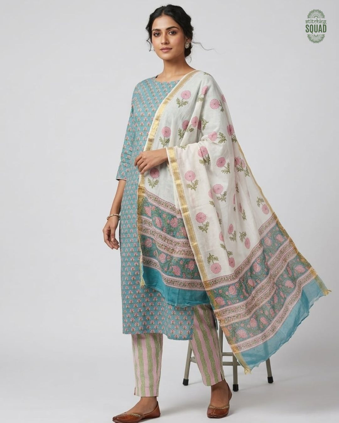 Elegant Chanderi Block Print Suit with Printed Dupatta & Striped Pants
