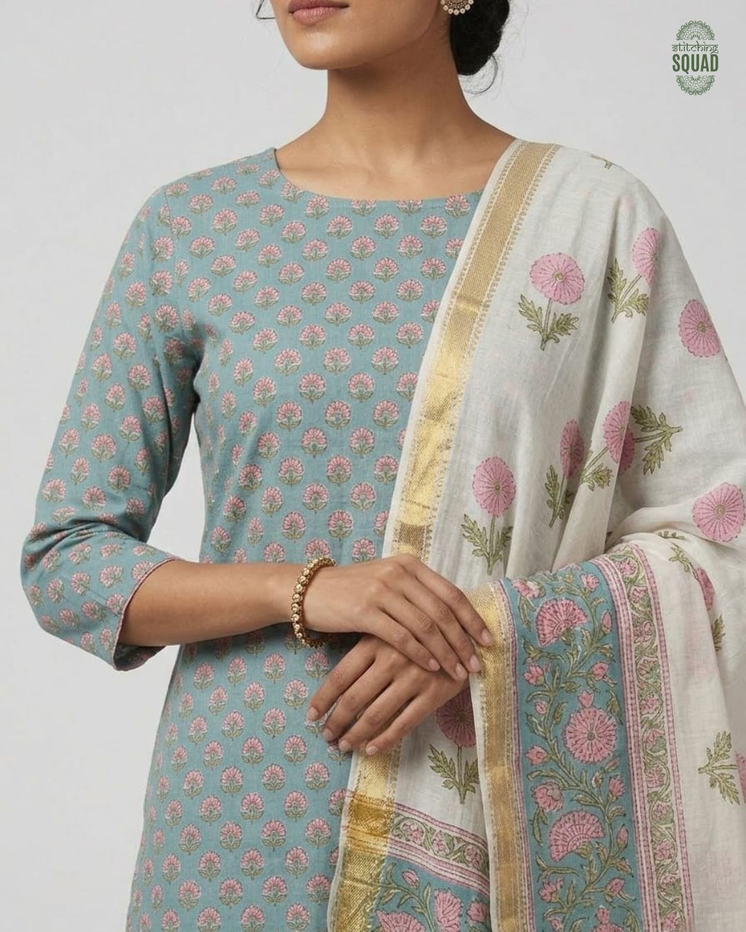 Elegant Chanderi Block Print Suit with Printed Dupatta & Striped Pants