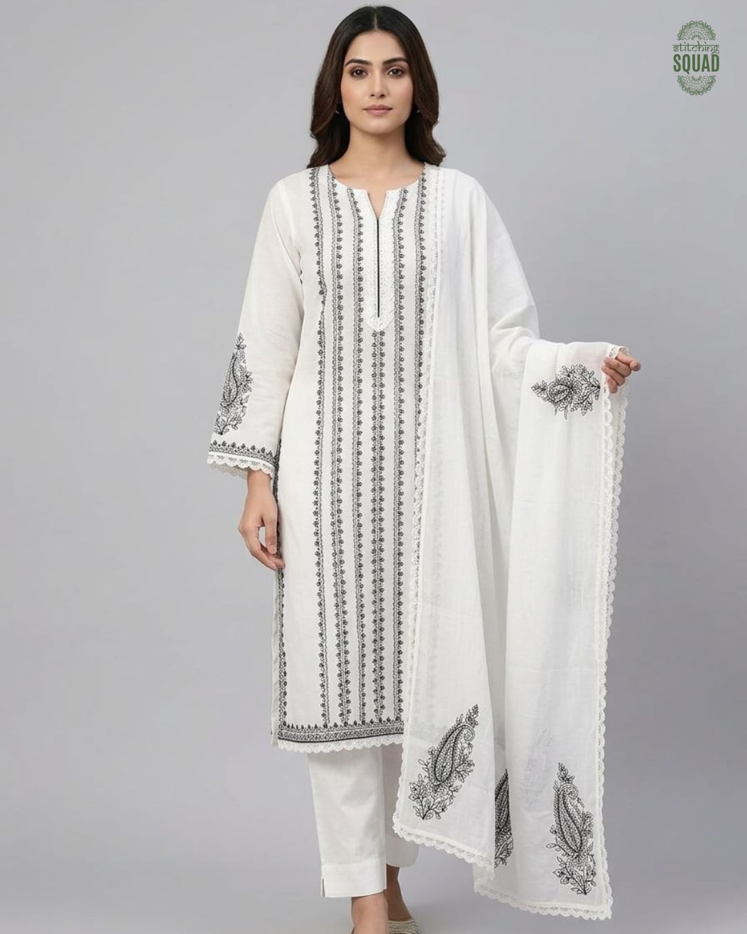 Elegant Off-White Chanderi Suit with Chain Stitch Detailing