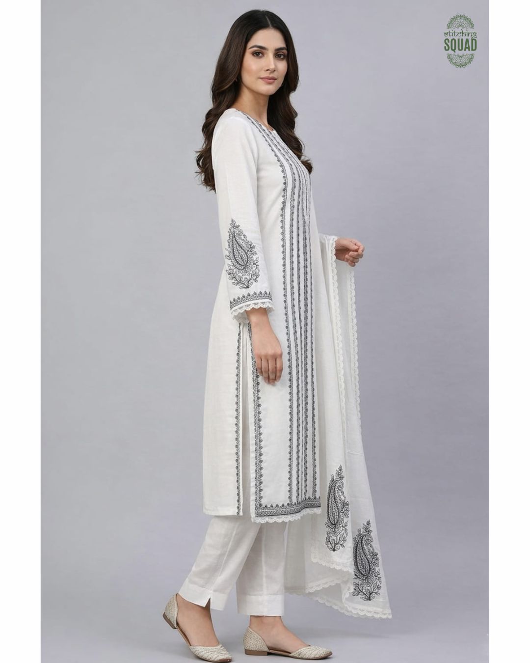 Elegant Off-White Chanderi Suit with Chain Stitch Detailing
