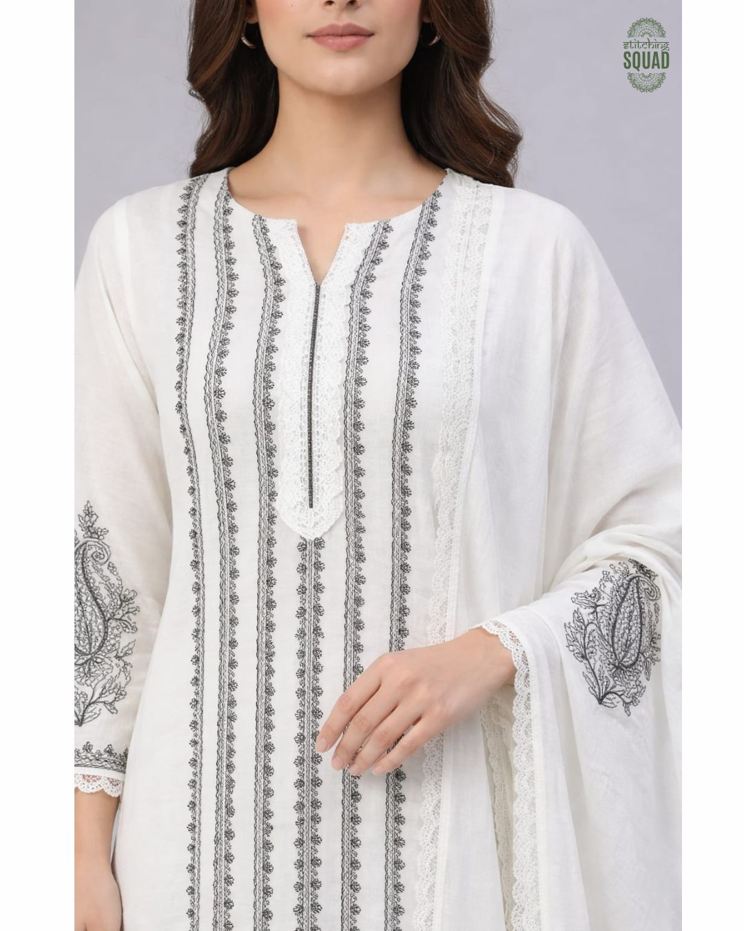 Elegant Off-White Chanderi Suit with Chain Stitch Detailing