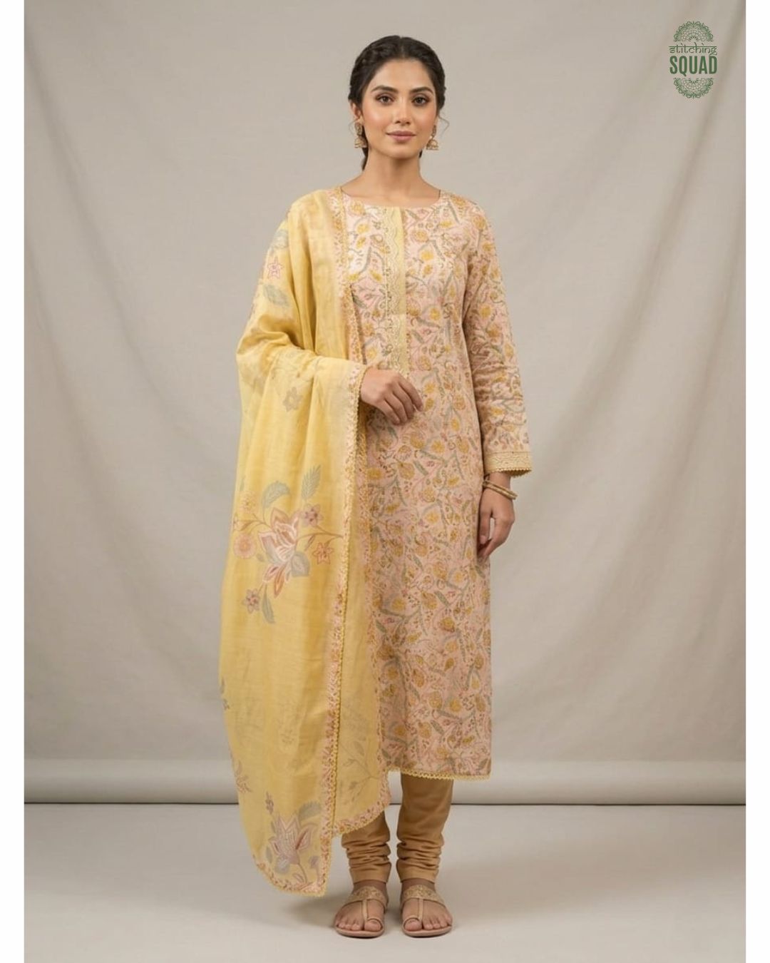 Sunlit Floral Cotton Suit with Printed Muslin Dupatta