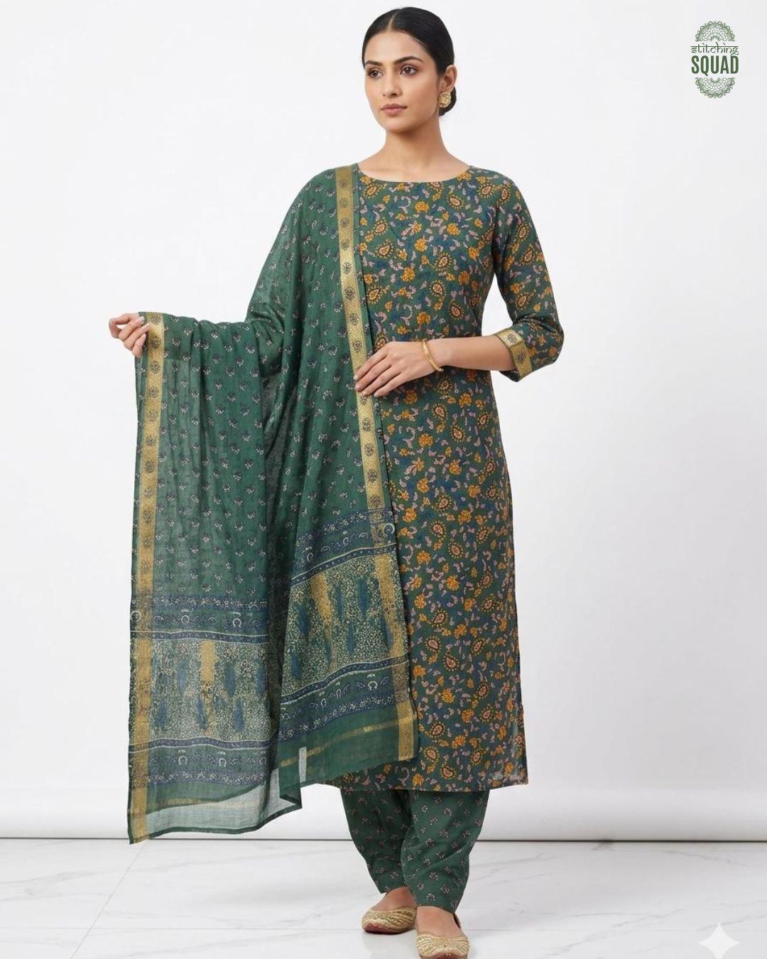 Maheshwari Elegance: Forest Green All-Over Printed Chanderi Suit Set