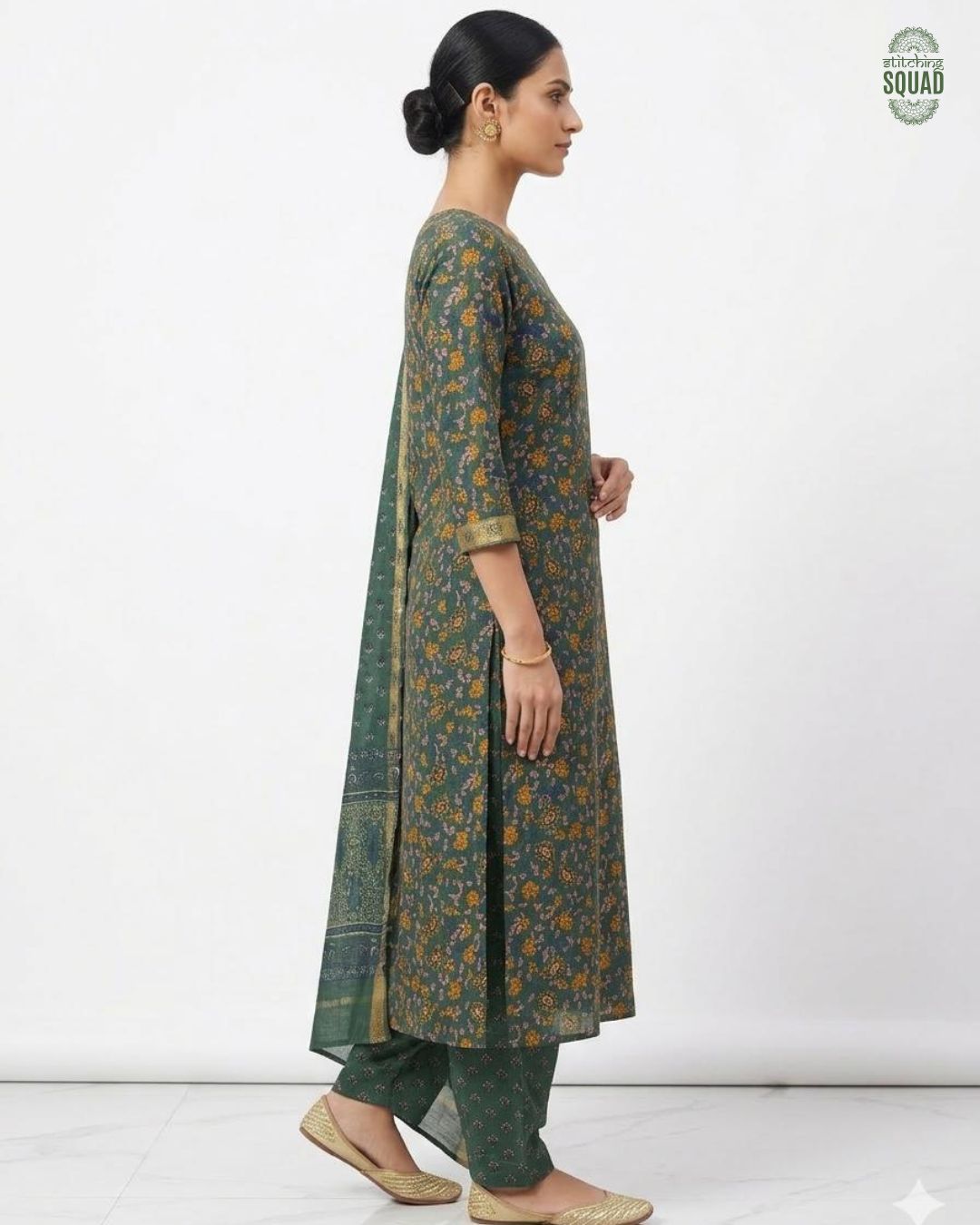 Maheshwari Elegance: Forest Green All-Over Printed Chanderi Suit Set