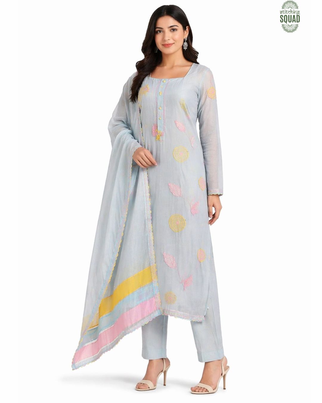 Elegant Chanderi Patchwork Suit Set with Thread Work