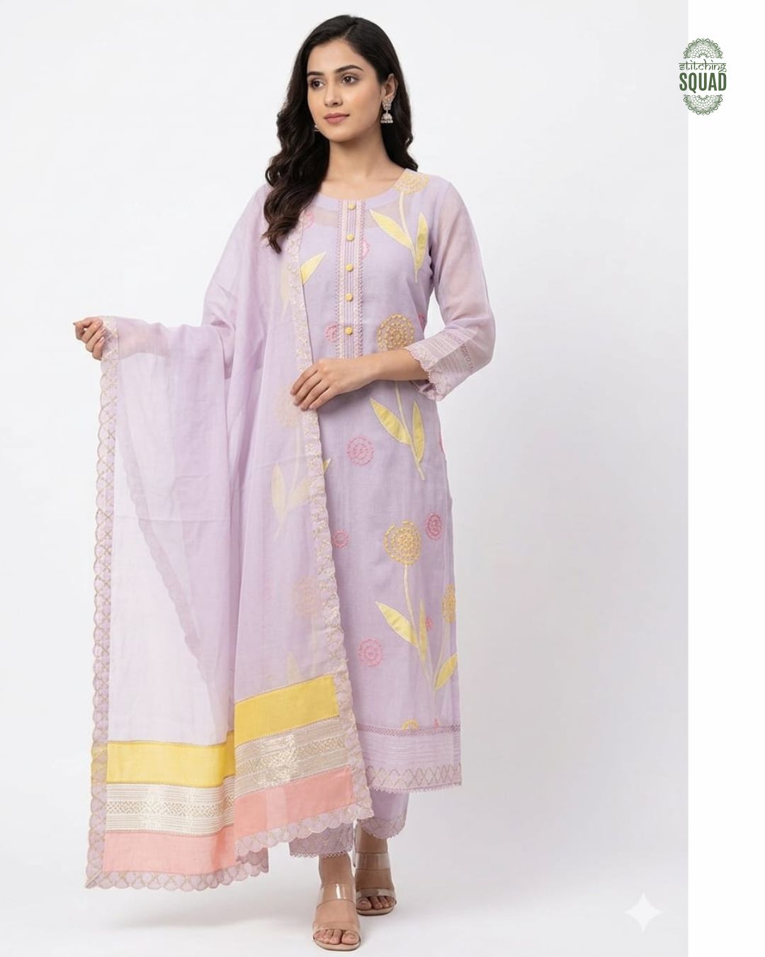 Elegant Chanderi Patchwork Suit Set with Thread Work