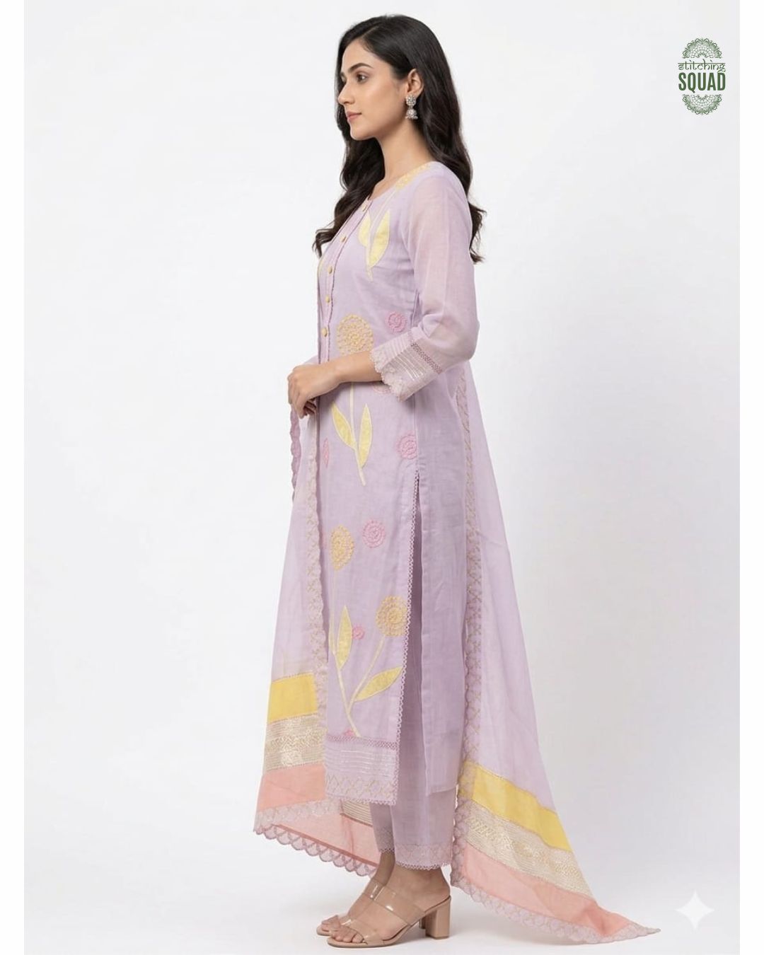 Elegant Chanderi Patchwork Suit Set with Thread Work