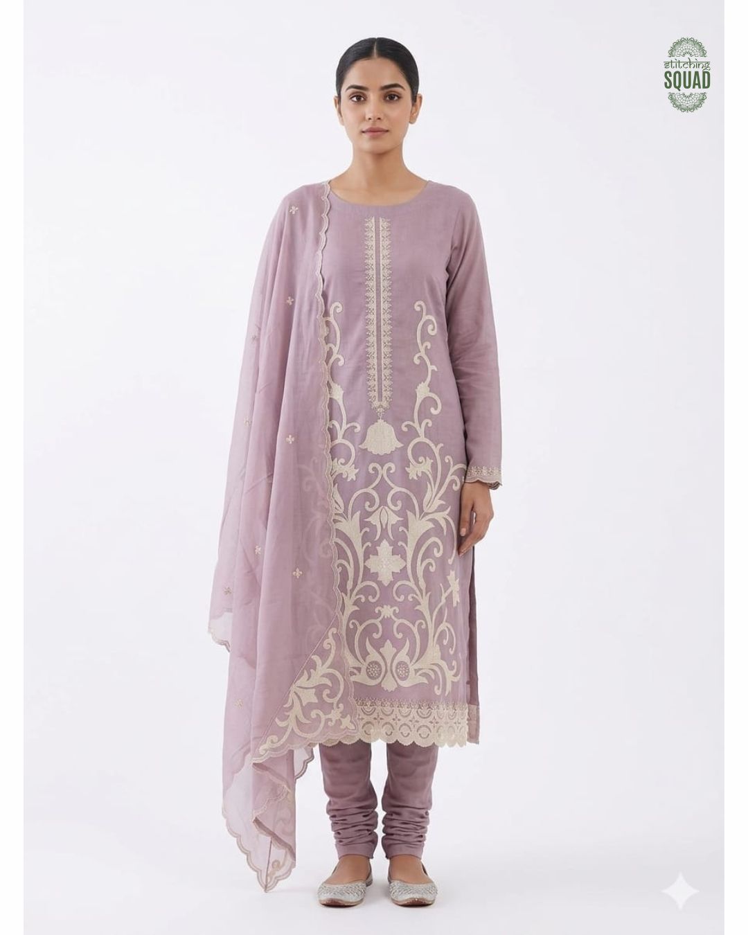 Dusty Lavender Patchwork Kurta Set with Sheer Chanderi Scalloped Dupatta