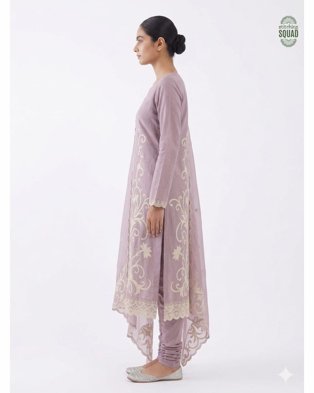 Dusty Lavender Patchwork Kurta Set with Sheer Chanderi Scalloped Dupatta