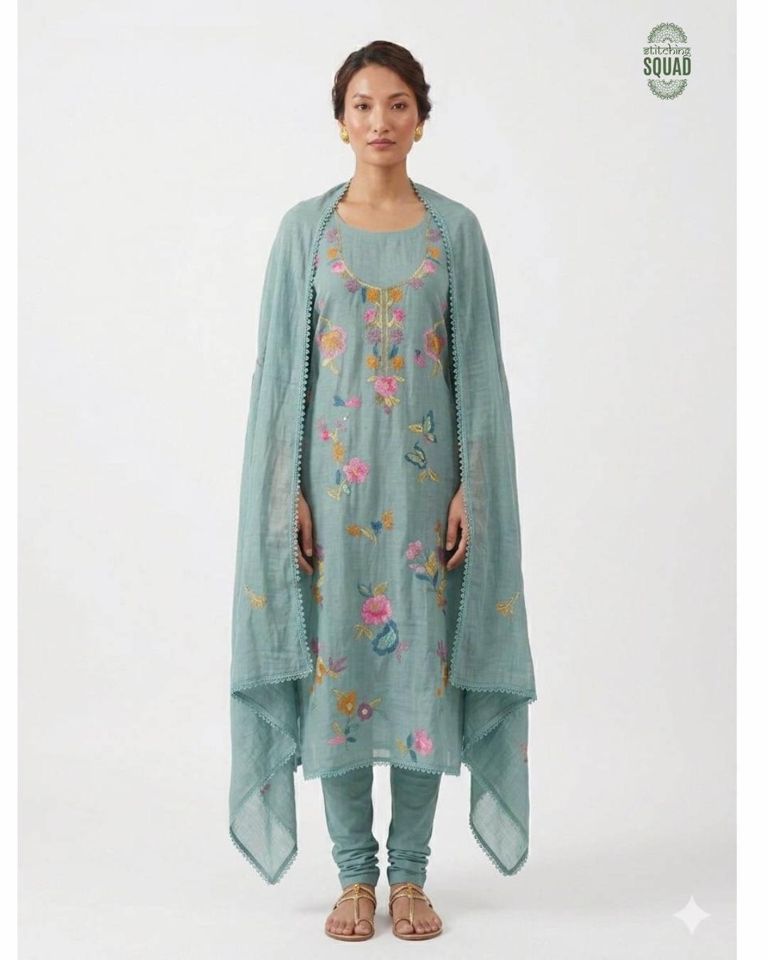 Seafoam Mul Chanderi Suit with Vibrant Floral Embroidery and Lace Accents