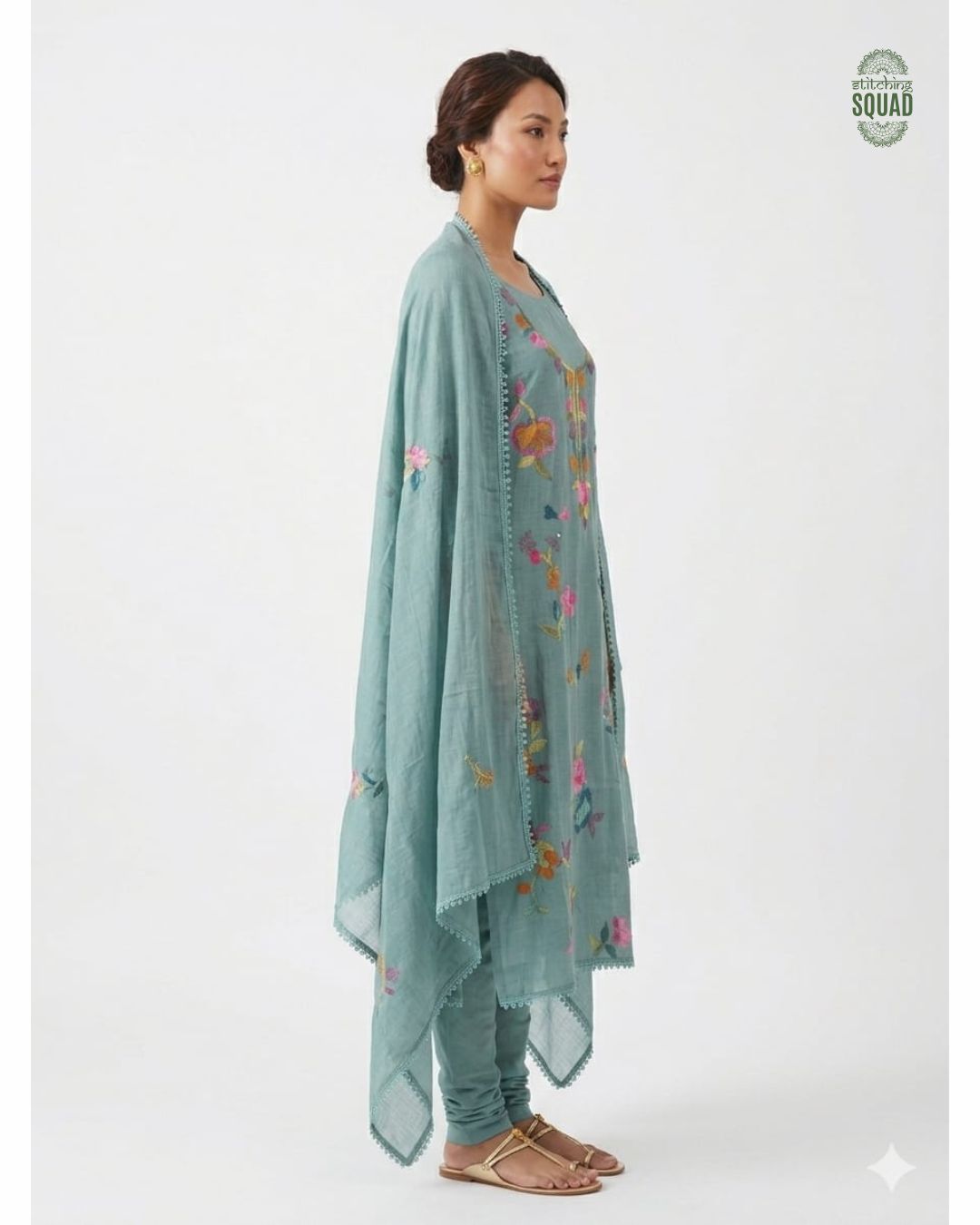 Seafoam Mul Chanderi Suit with Vibrant Floral Embroidery and Lace Accents