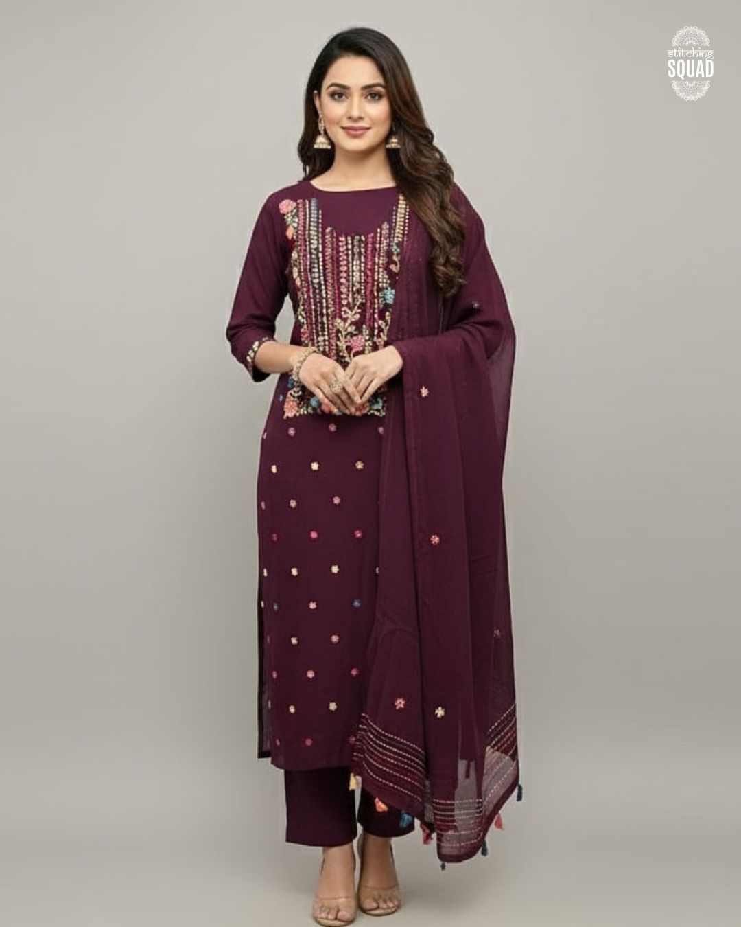 Vintage Vine:Unstitch Deep Wine Georgette featuring Multi-Color Karachi Artistry.