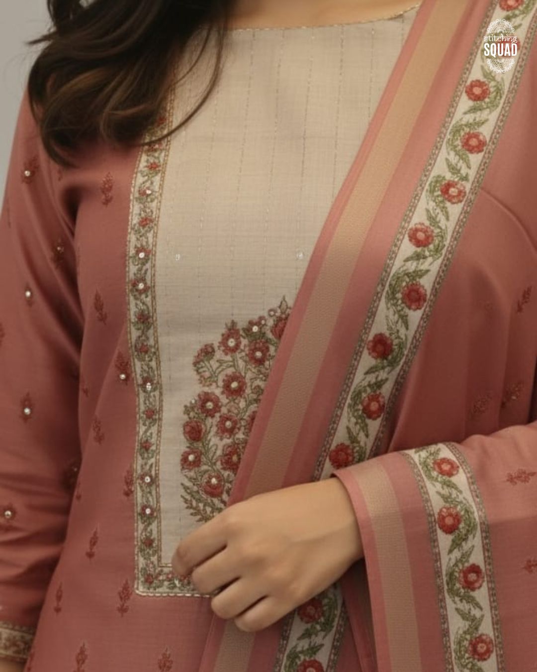 Elegant Tussar Silk Suit Set with Detailed Yoke & Printed Dupatta