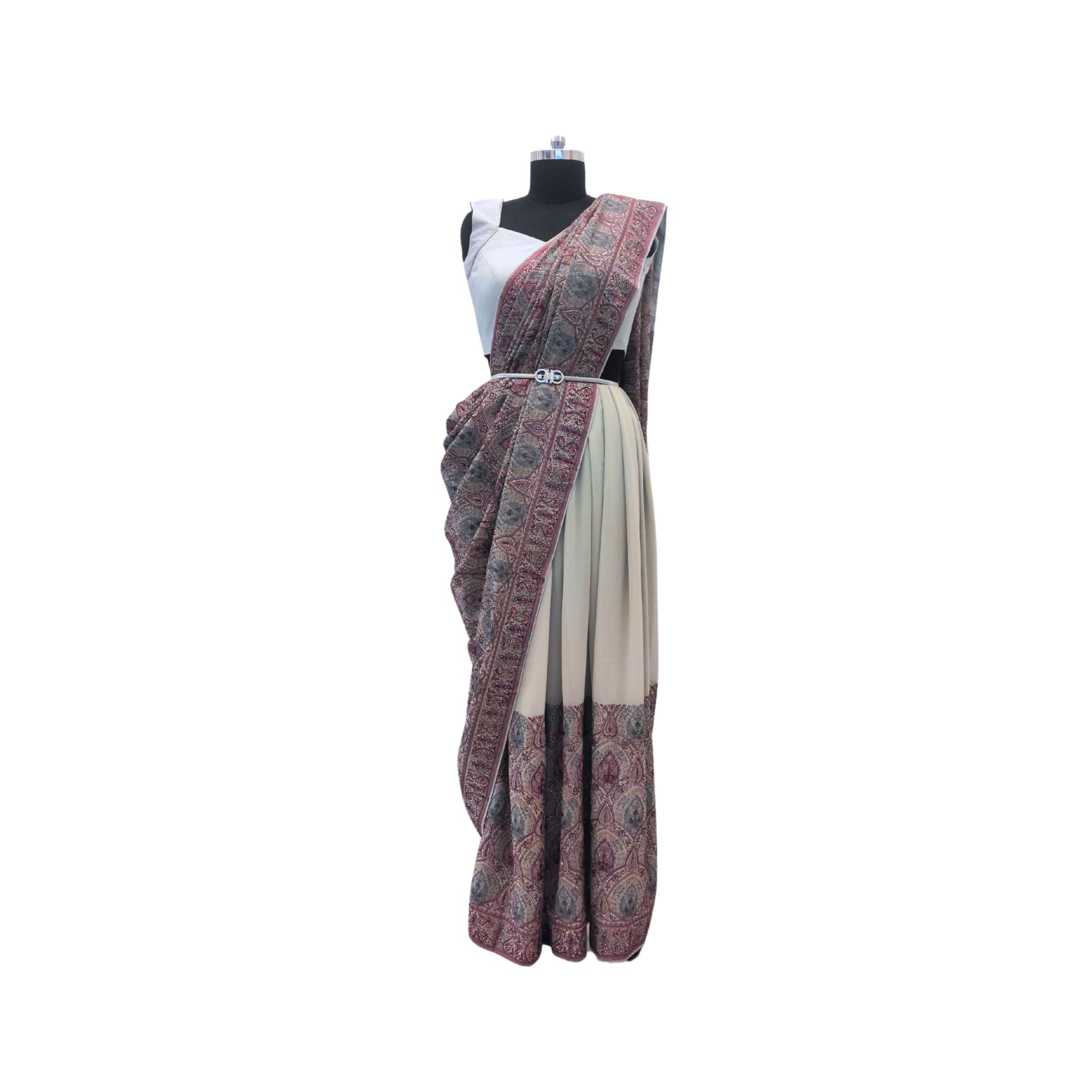 Grace in every thread – beautifully embroidered Kashmiri georgette sarees for women.