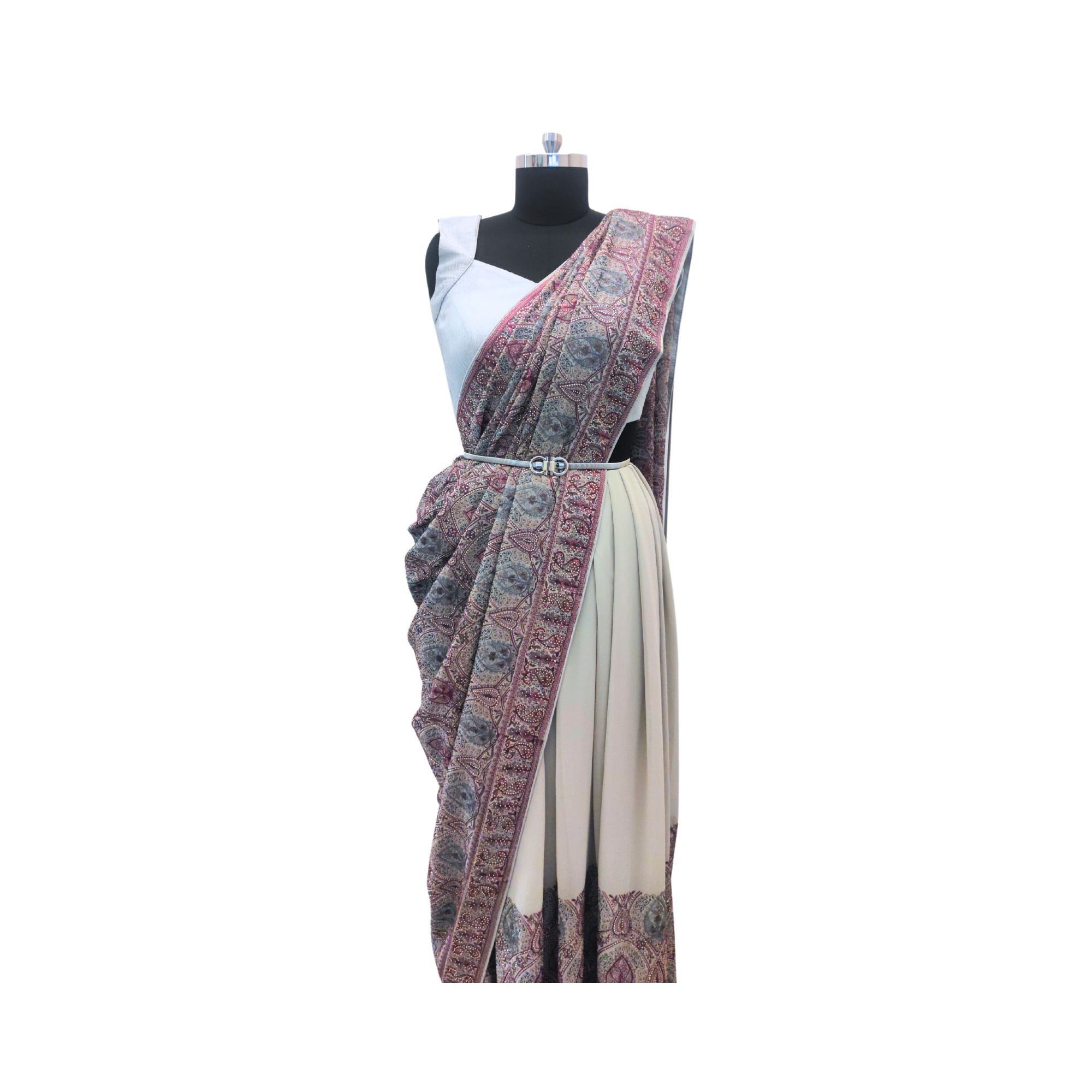 Grace in every thread – beautifully embroidered Kashmiri georgette sarees for women.