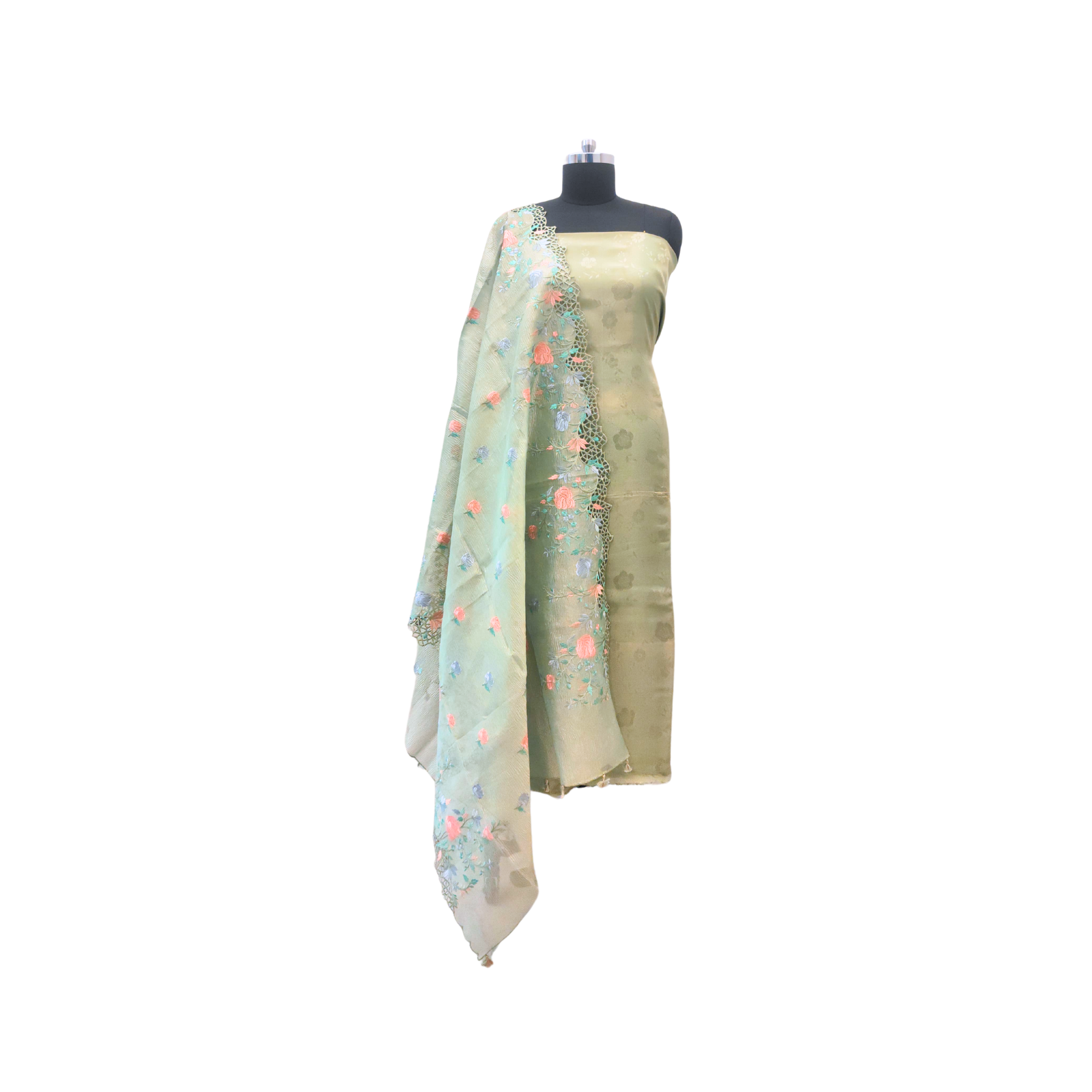 CRAPE JACQUARD SUIT WITH WOVEN FLORAL MOTIFS
