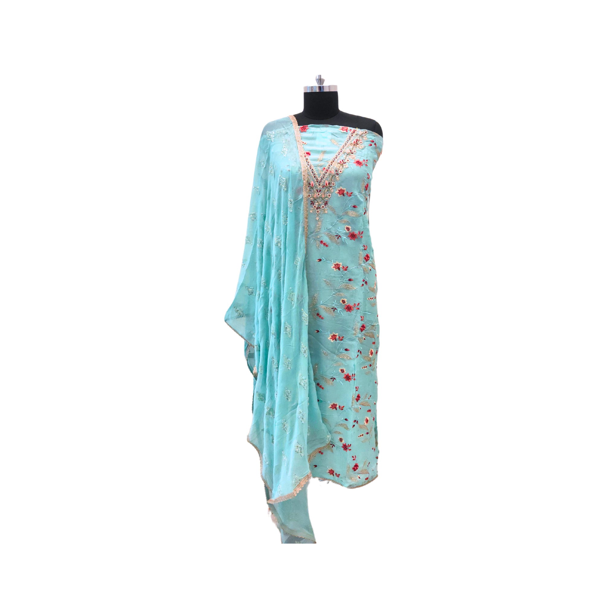 GEORGETTE SUIT WITH FULL HAND AND MACHINE EMBROIDERY