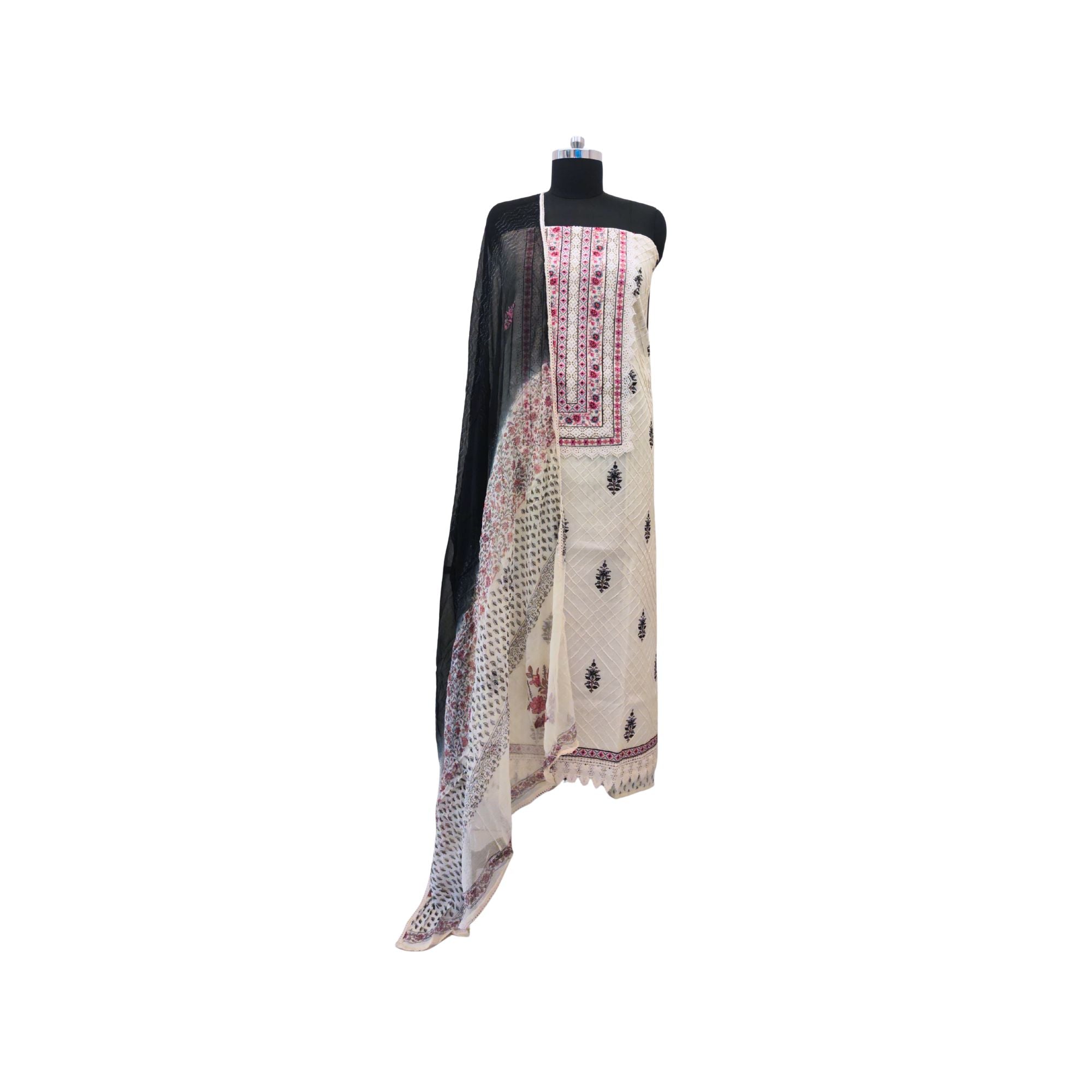 Soft, elegant, and effortless – Cotton suit with crochet yoke, perfect suits for women.