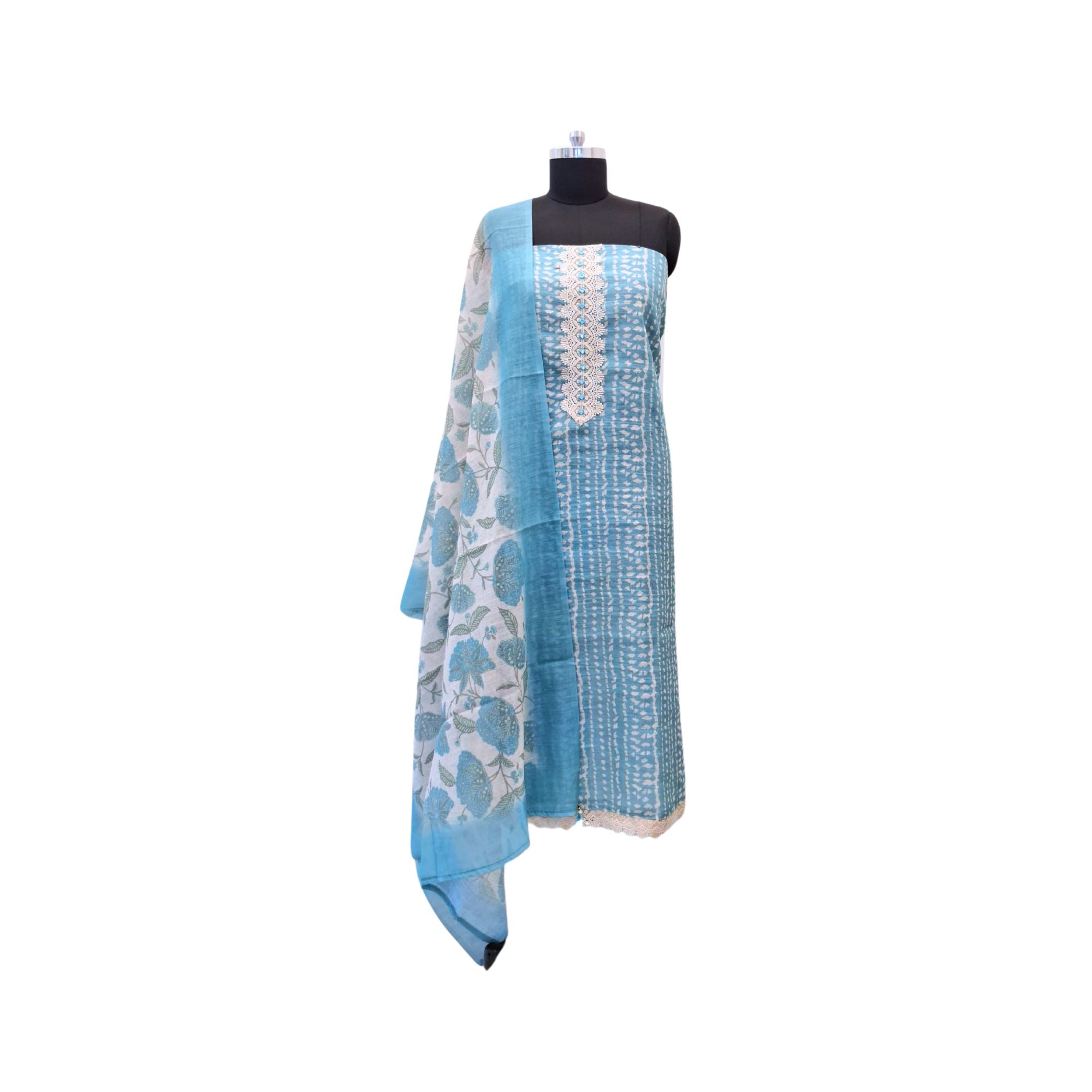 Linen suit with intricate mirror and crochet work, paired with a floral linen dupatta — timeless elegance in suits for women.