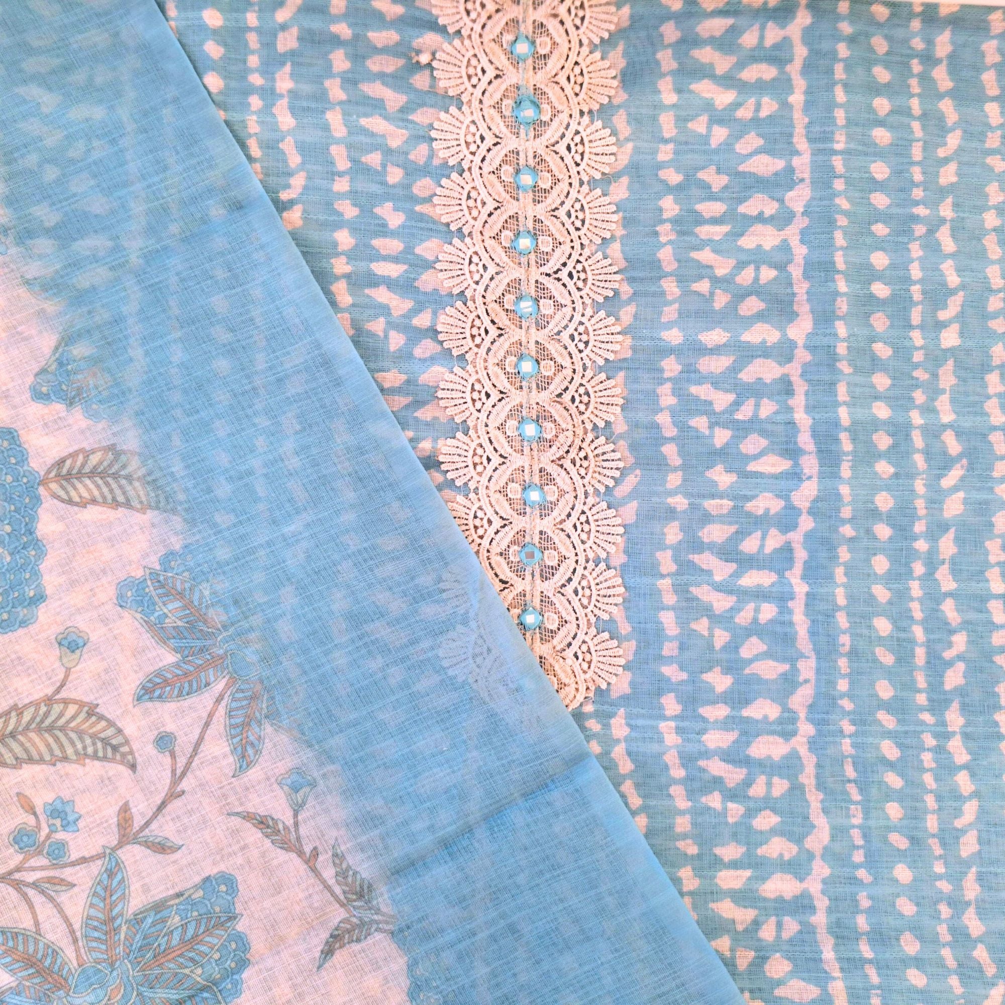 Linen suit with intricate mirror and crochet work, paired with a floral linen dupatta — timeless elegance in suits for women.