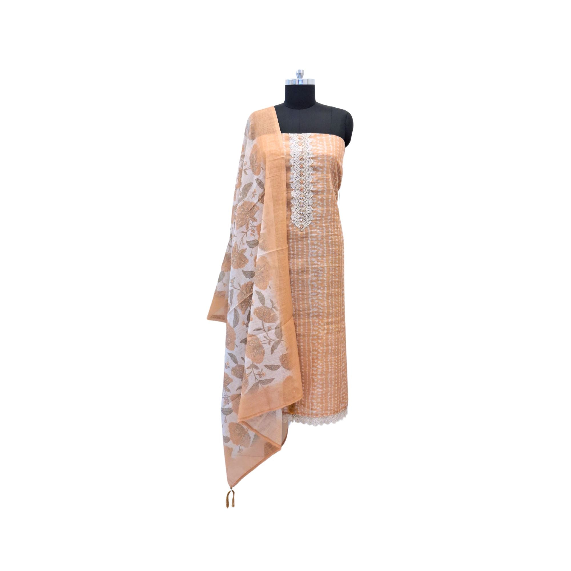 Linen suit with intricate mirror and crochet work, paired with a floral linen dupatta — timeless elegance in suits for women.