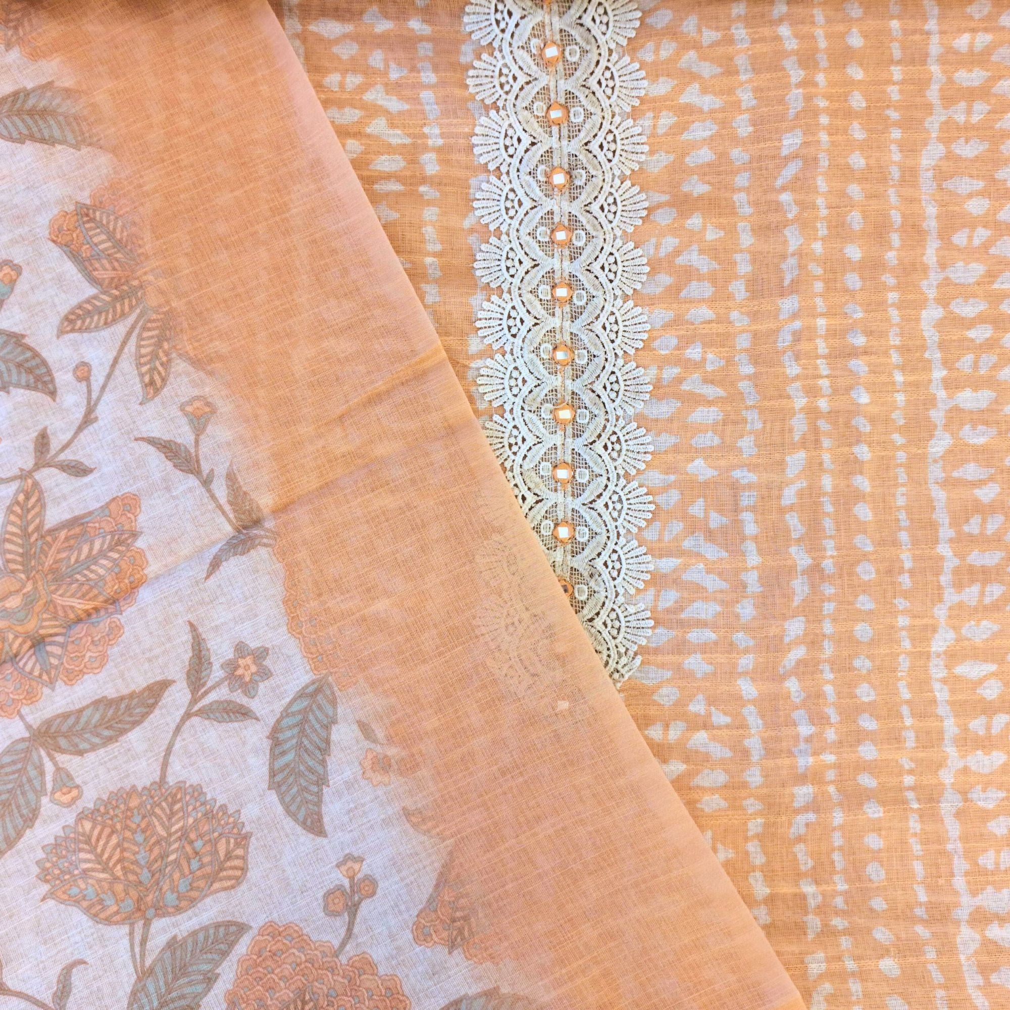 Linen suit with intricate mirror and crochet work, paired with a floral linen dupatta — timeless elegance in suits for women.