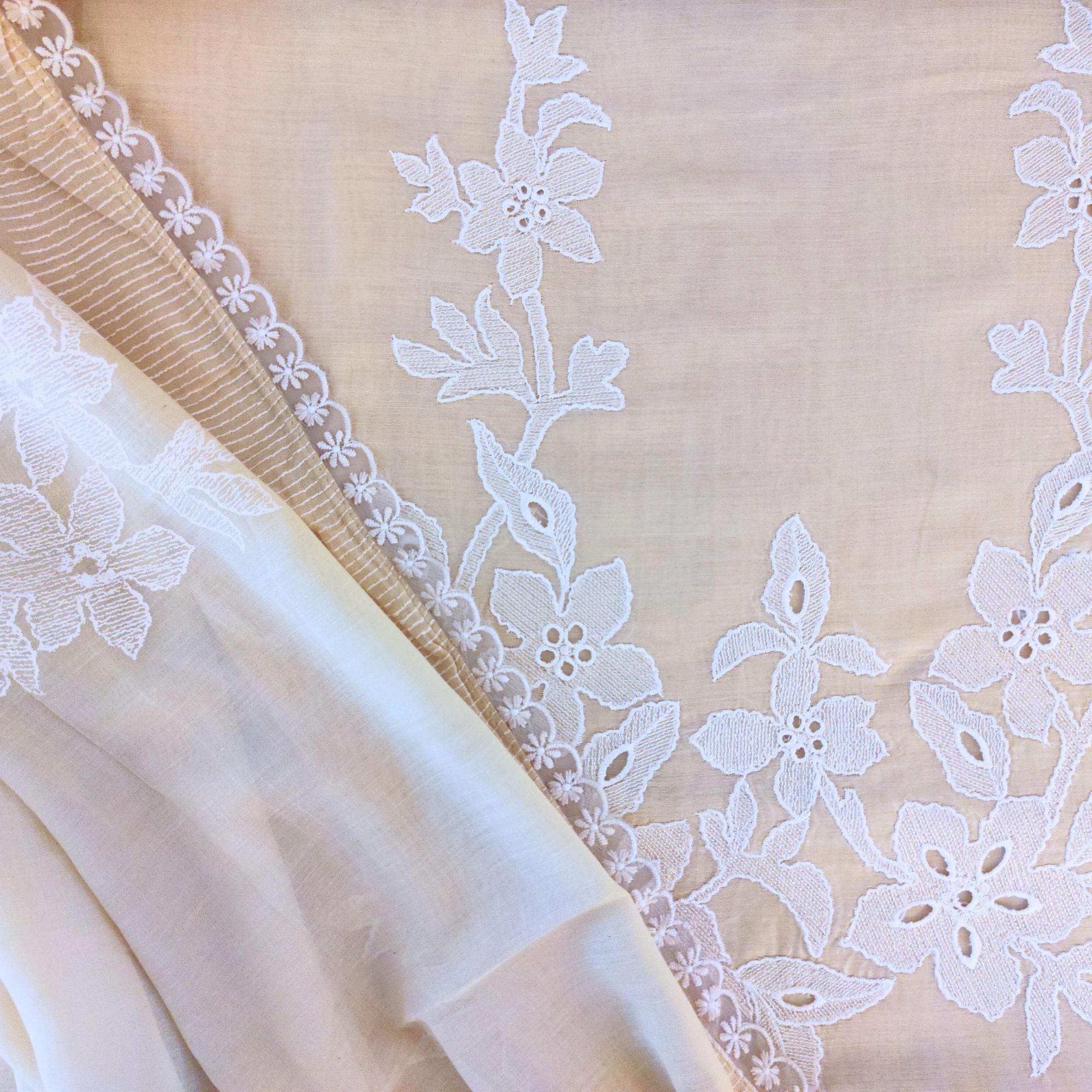 Muslin suit with intricate machine embroidery, paired with a muslin dupatta featuring delicate thread work lace — elegant and graceful.