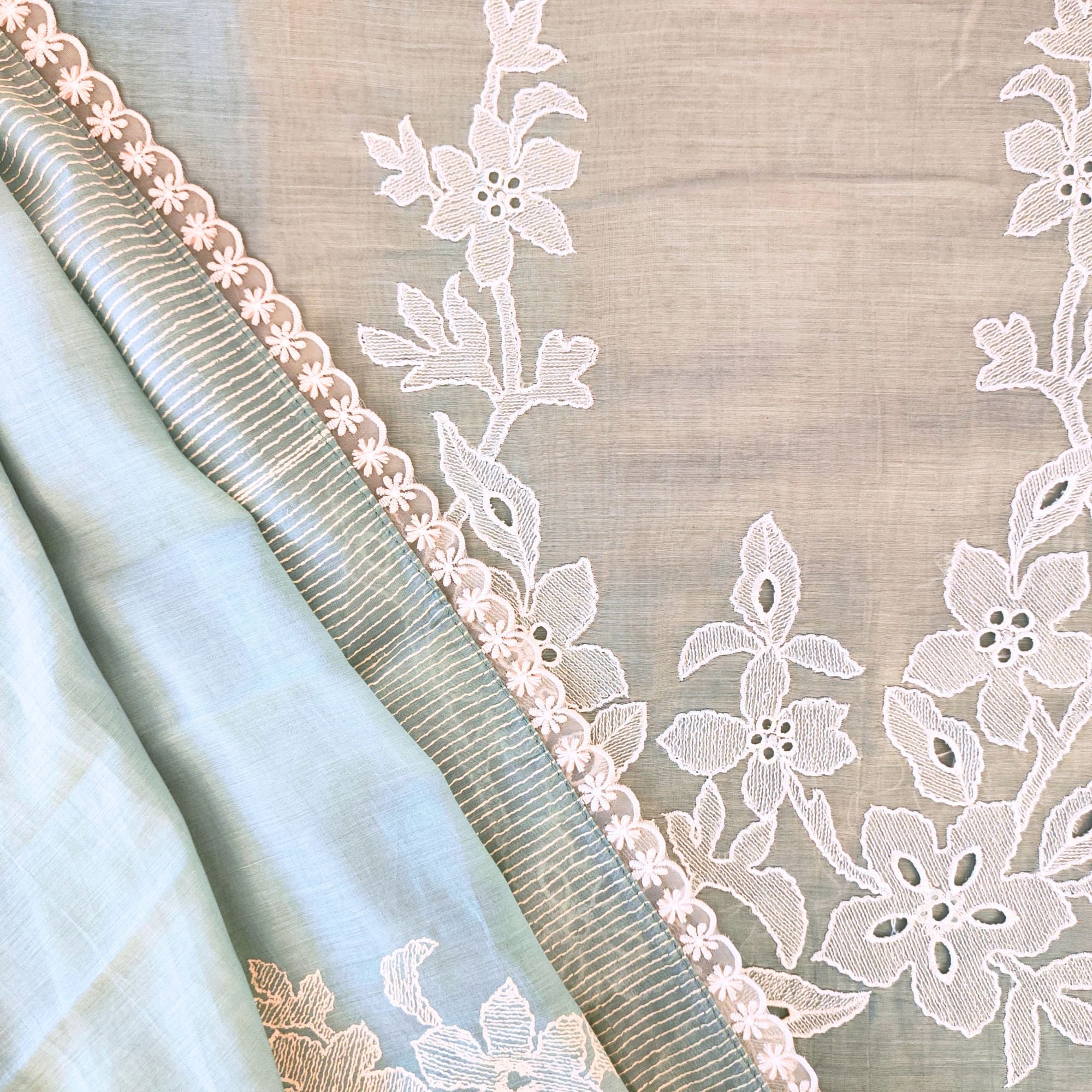 Muslin suit with intricate machine embroidery, paired with a muslin dupatta featuring delicate thread work lace — elegant and graceful.