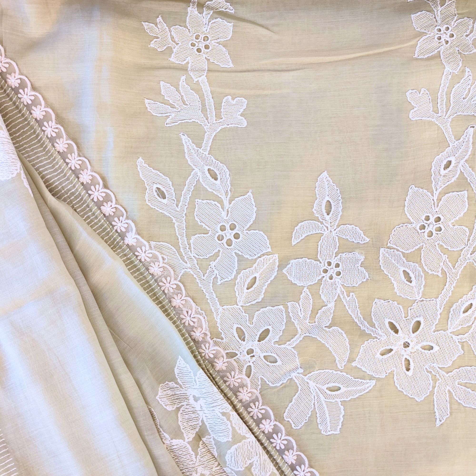 Muslin suit with intricate machine embroidery, paired with a muslin dupatta featuring delicate thread work lace — elegant and graceful.