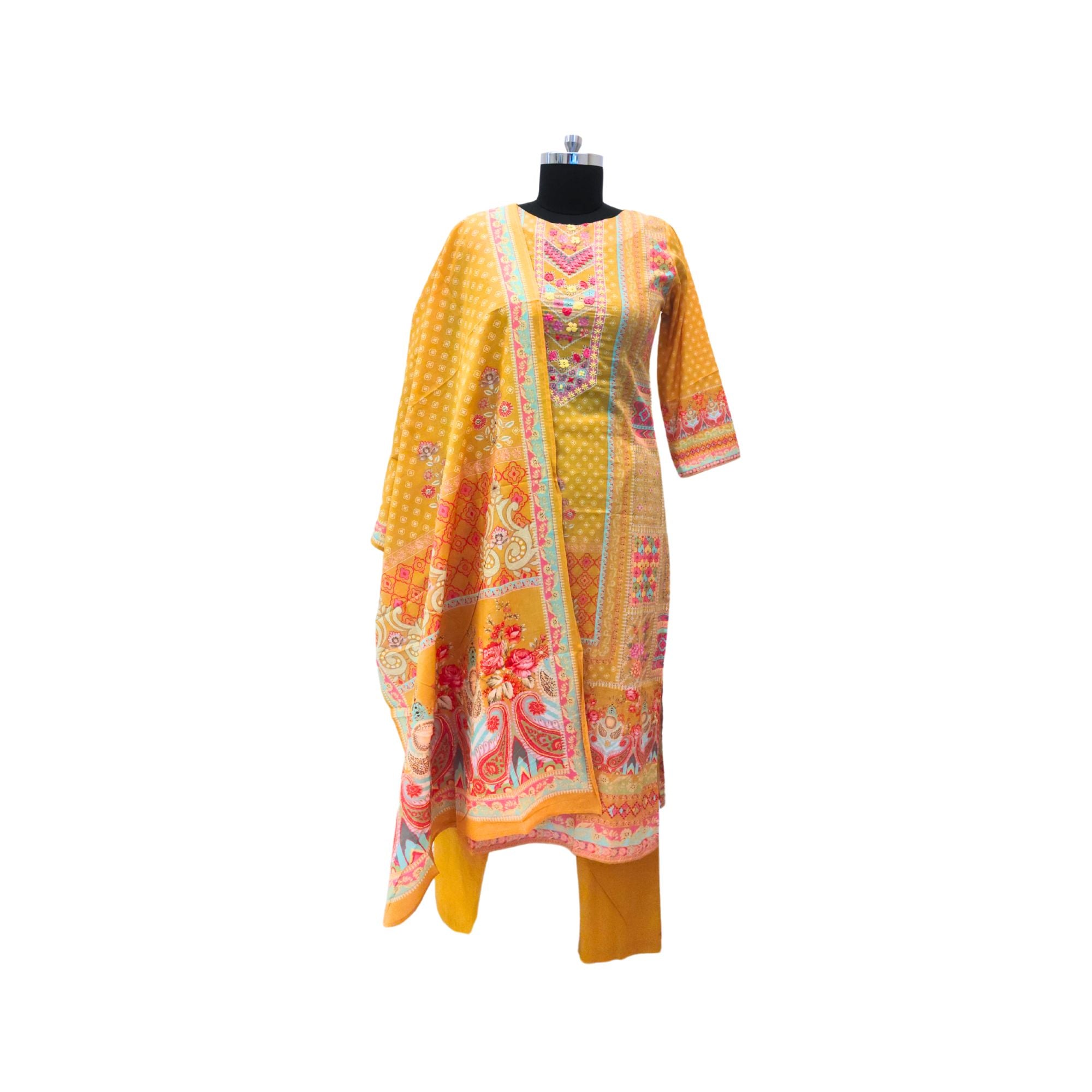 Playful patterns meet soft muslin fabric — perfect printed suit for women.