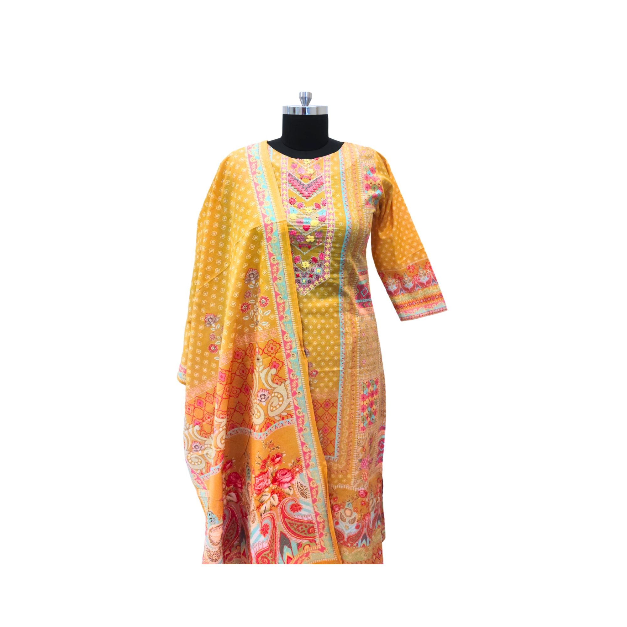 Playful patterns meet soft muslin fabric — perfect printed suit for women.