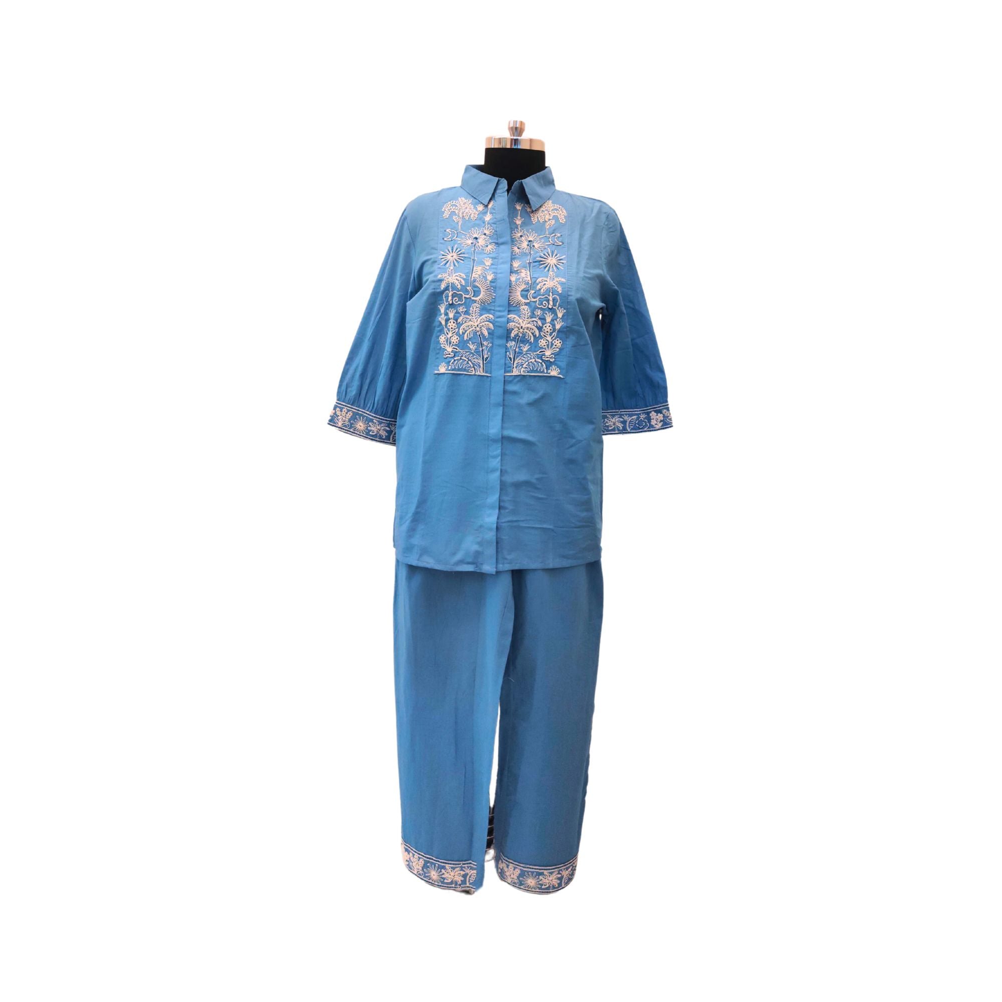 Cotton co-ord set with classic collar — chic Indo-Western set for women.