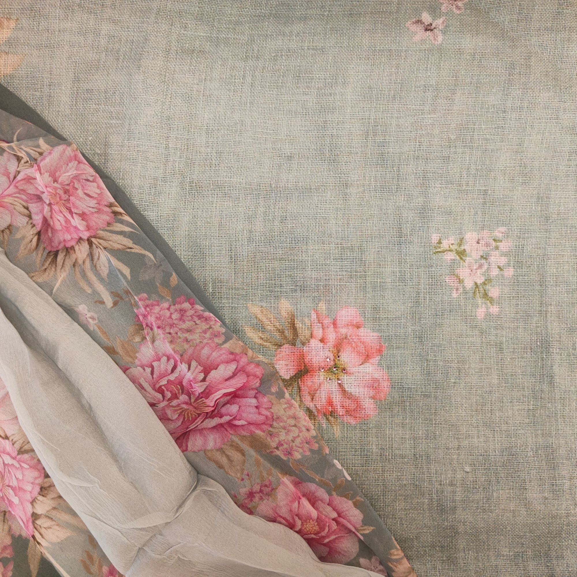 Delicate crochet detailing meets airy printed chiffon — perfect suits for women