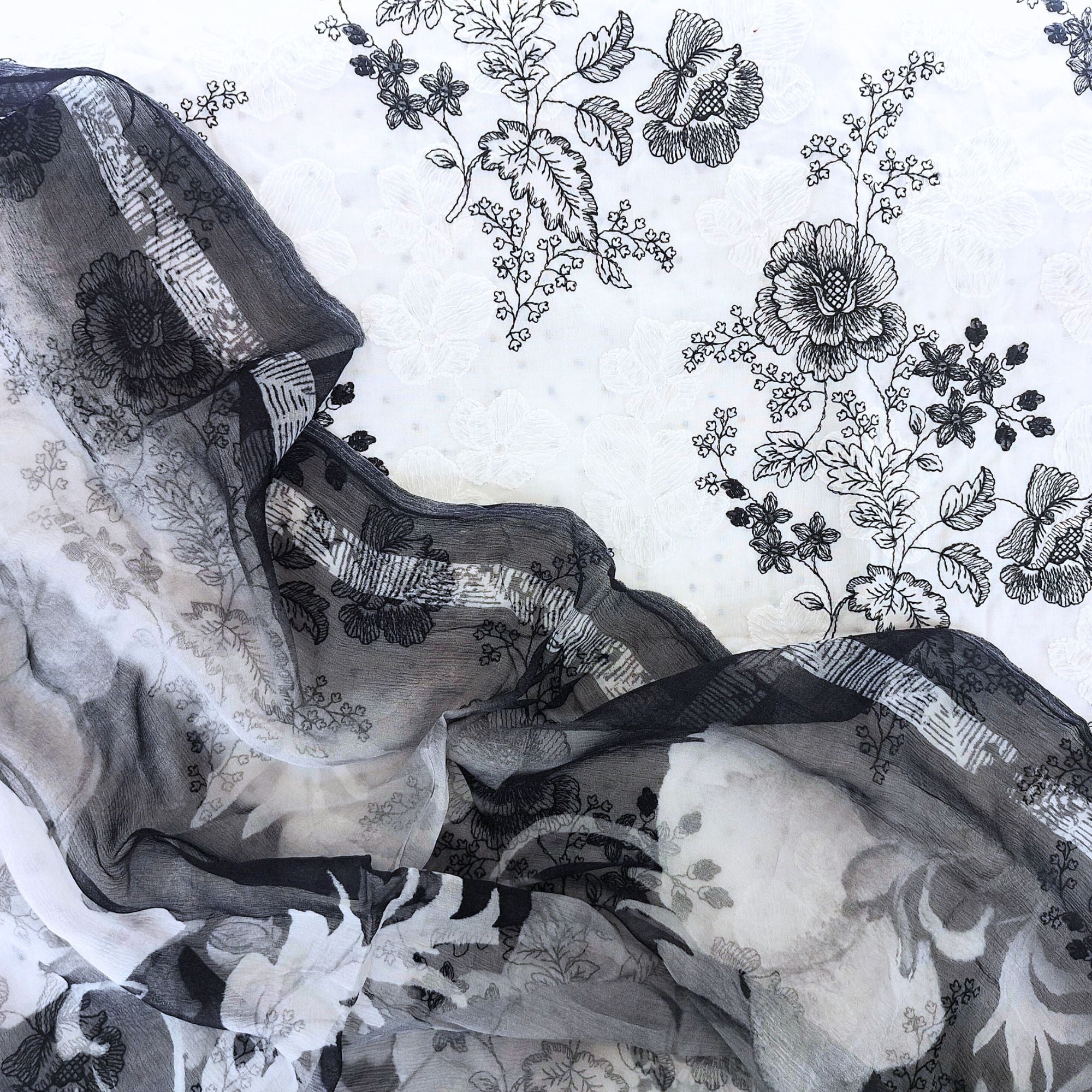 Delicate machine embroidery in classic white — perfect suit for women