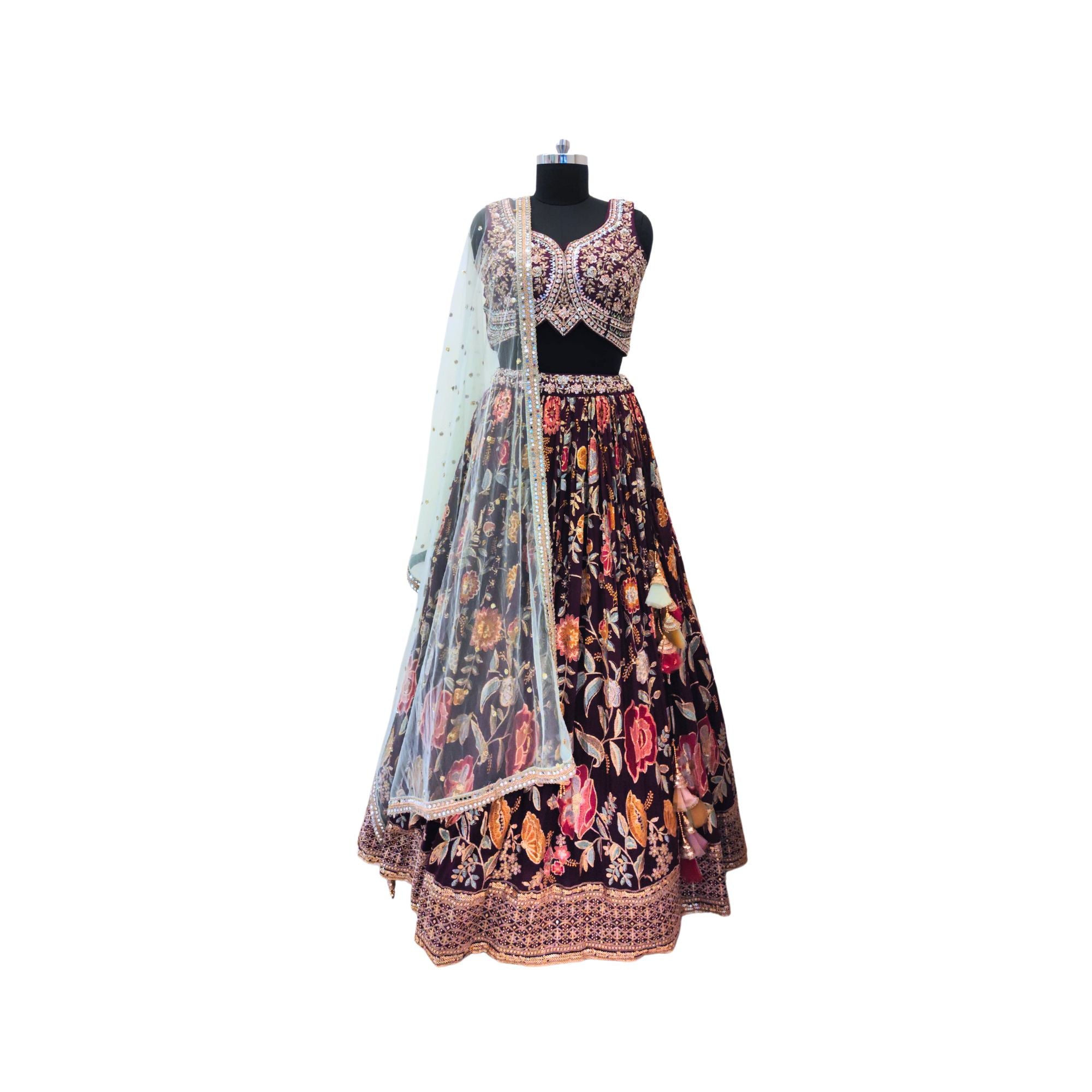Georgette machine-embroidered lehanga with blouse — a stunning bridal lehanga for women.