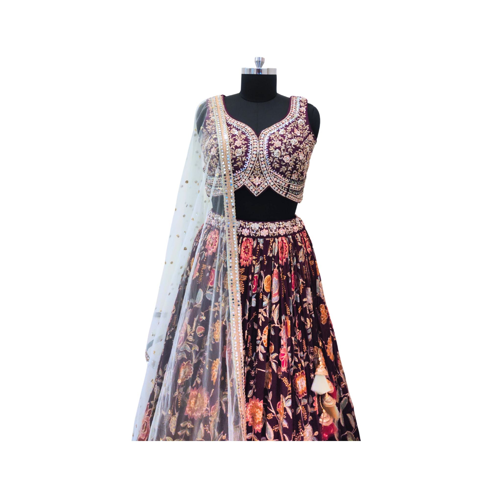 Georgette machine-embroidered lehanga with blouse — a stunning bridal lehanga for women.