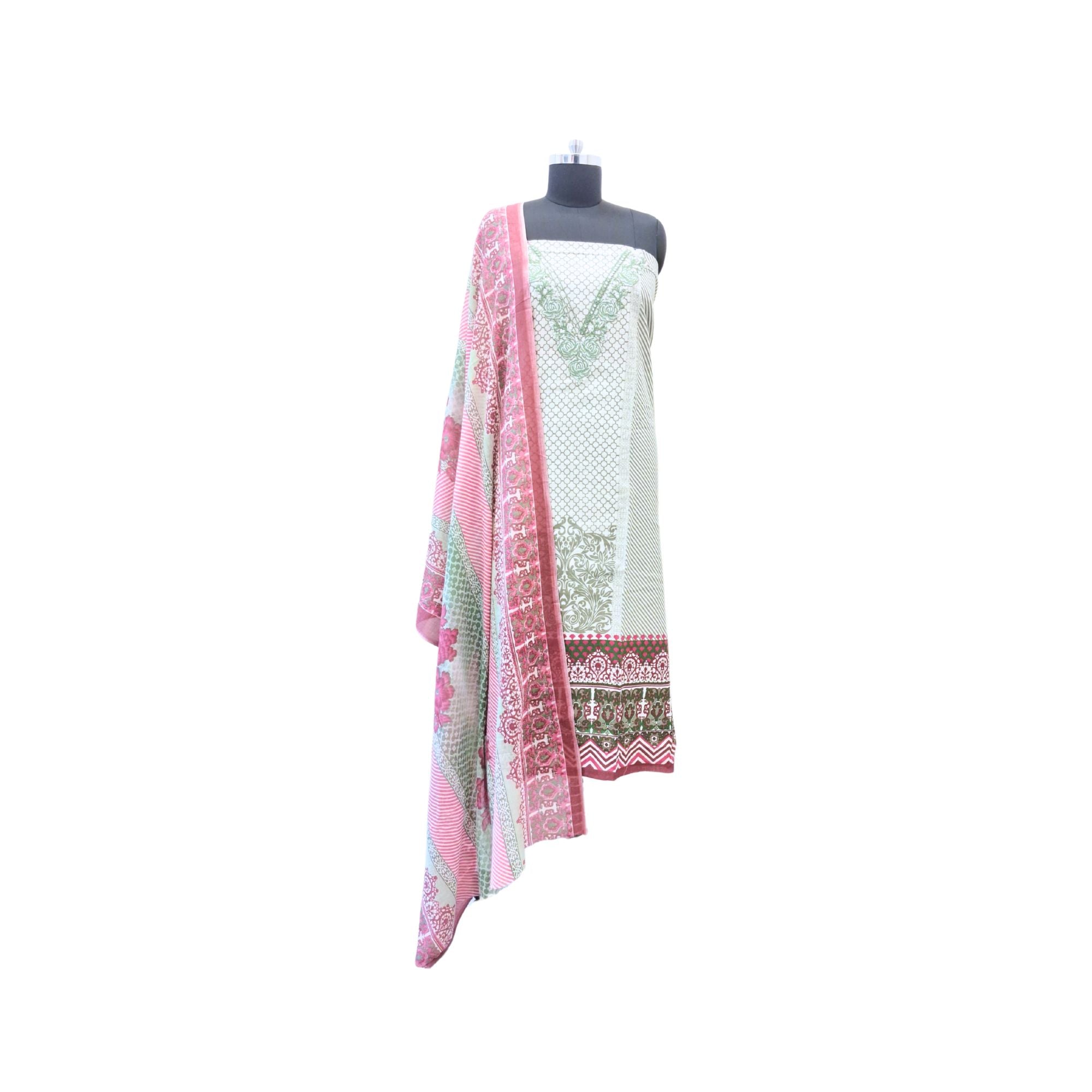 PRINTED COTTON UNSTITCH SUIT WITH MACHINE EMBROIDERY