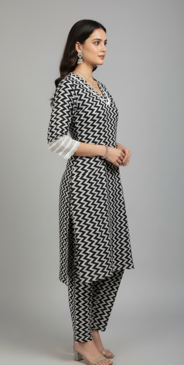 Vibrant zigzag print enhances this cotton co-ord set, crafted for women.indo western set for women