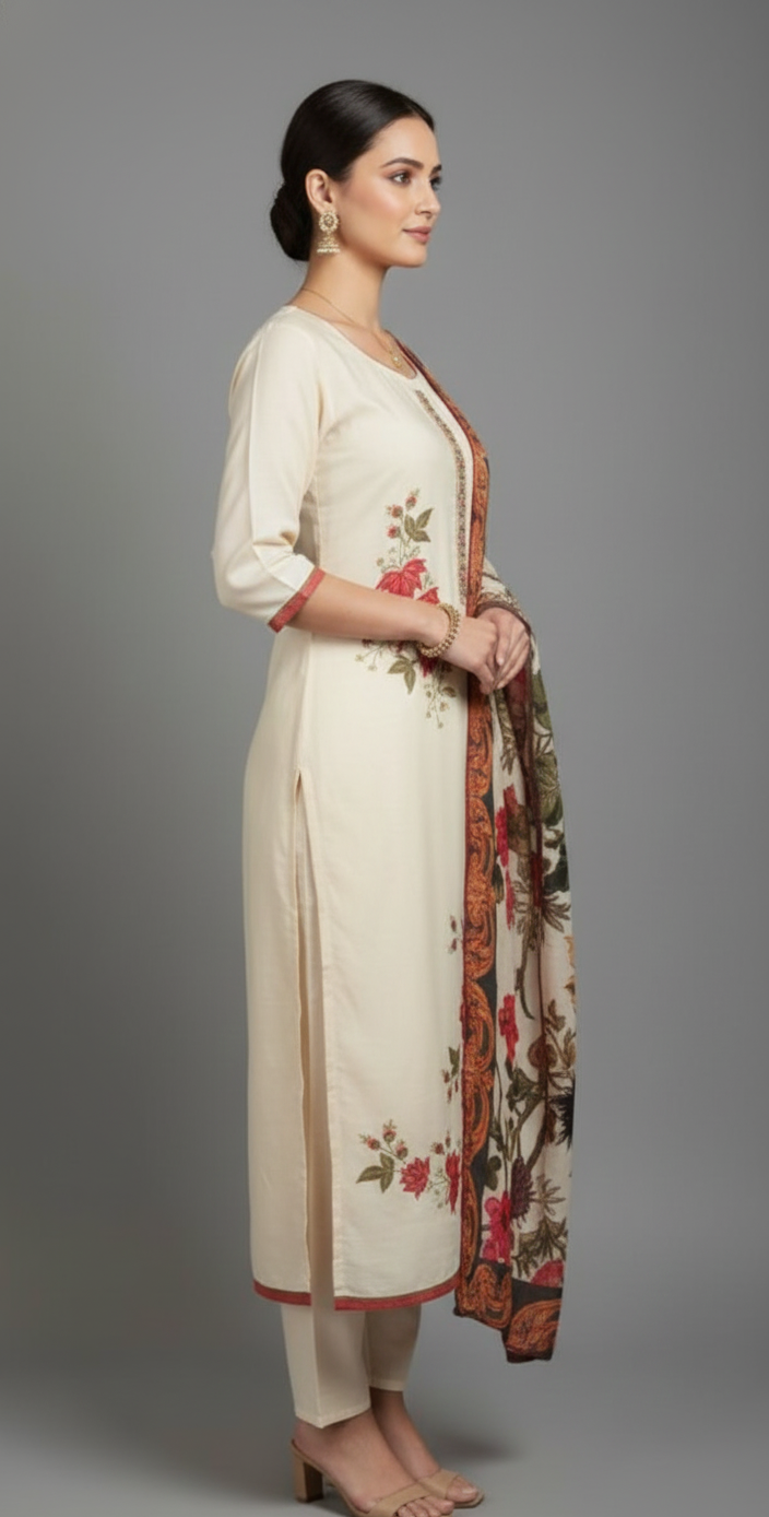Muslin suit with exquisite hand embroidery, paired with a floral muslin dupatta — elegant suits for women.