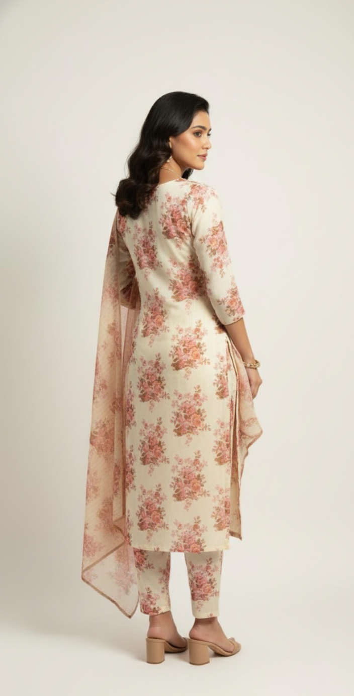 Linen suit with delicate floral print, paired with an organza floral dupatta — elegant suit for women.
