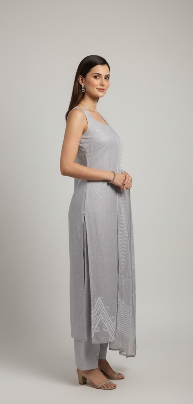 Modern geometry on classic linen, completed with a lightweight chiffon dupatta.