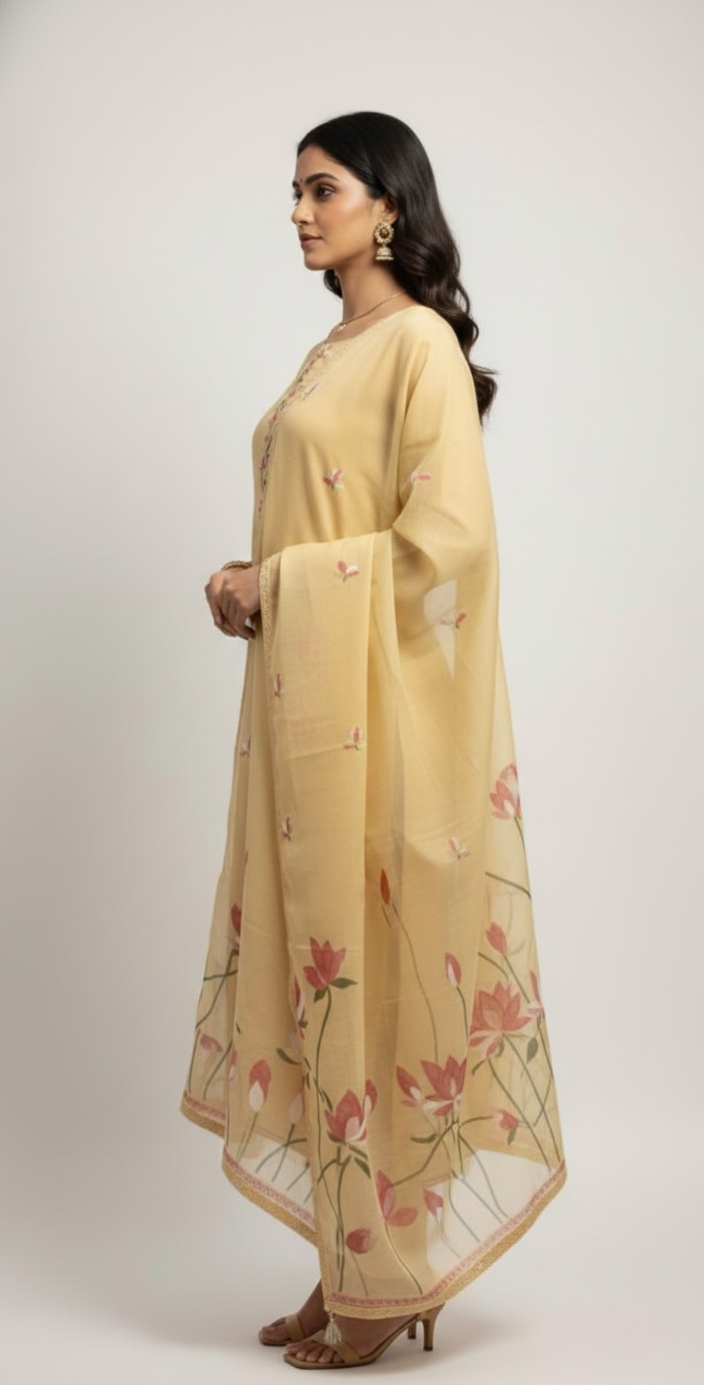 MUSLIN SUIT WITH FLORAL MACHINE EMBROIDERY