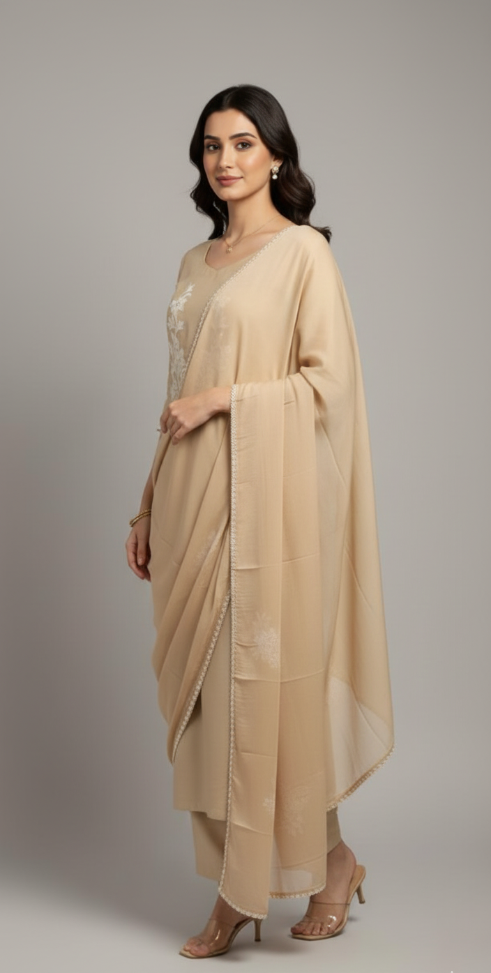 Muslin suit with intricate machine embroidery, paired with a muslin dupatta featuring delicate thread work lace — elegant and graceful.