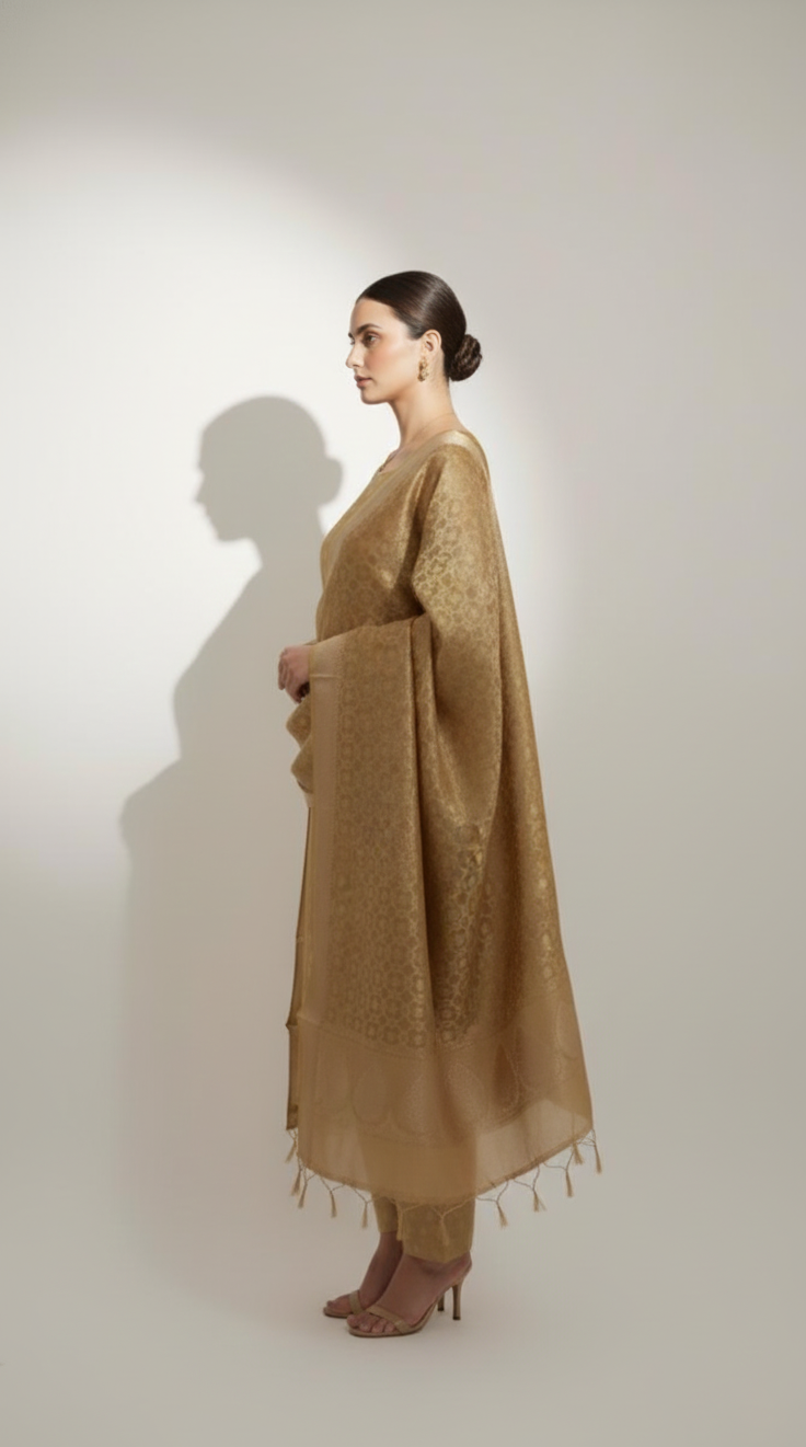 Brocade suit with intricate jal weaving, paired with a crushed tissue dupatta — elegant suits for women.